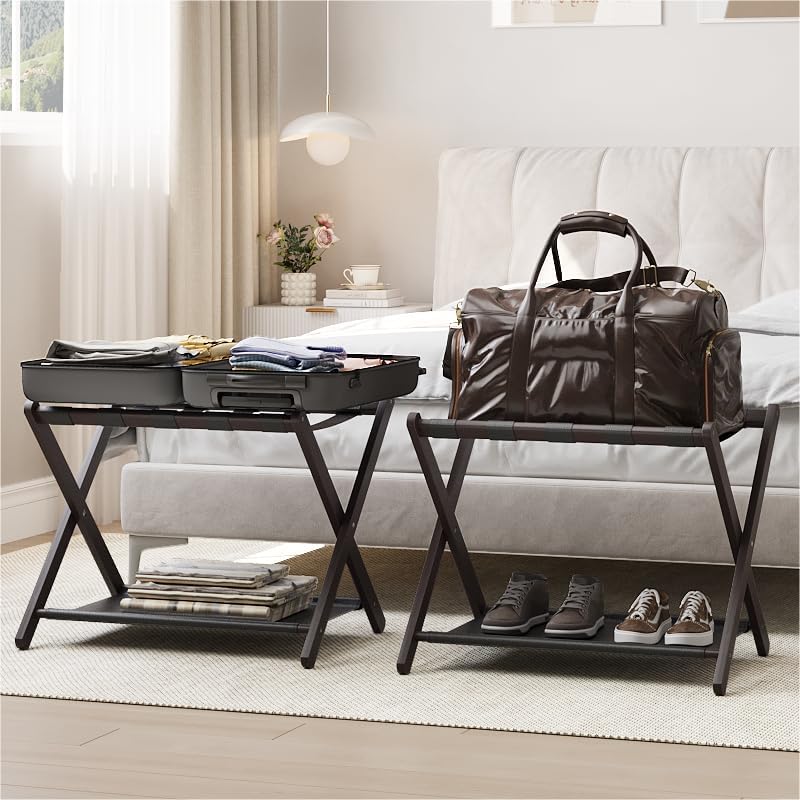 2 Pack Luggage Rack, Folding Luggage Rack for Guest Room, Brown Bamboo Suitcase...