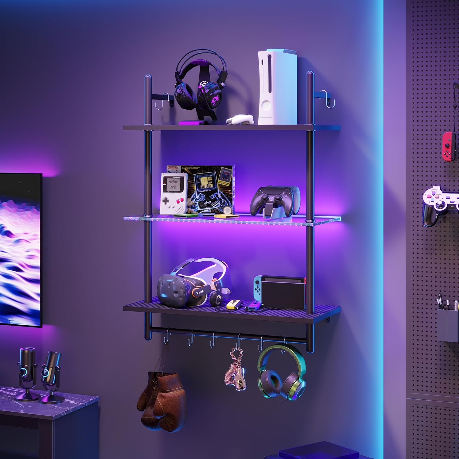 Bestier Gaming Floating Shelves, 24 inch LED Wall Mounted Shelves with Towel Bar...