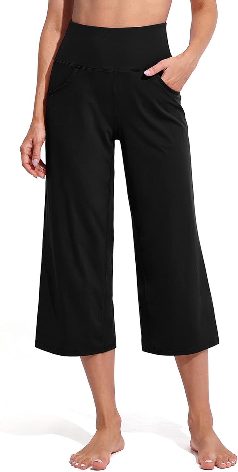 Promover Capri Pants for Women Wide Leg Yoga Cropped Pants with Pockets Loose Ca...