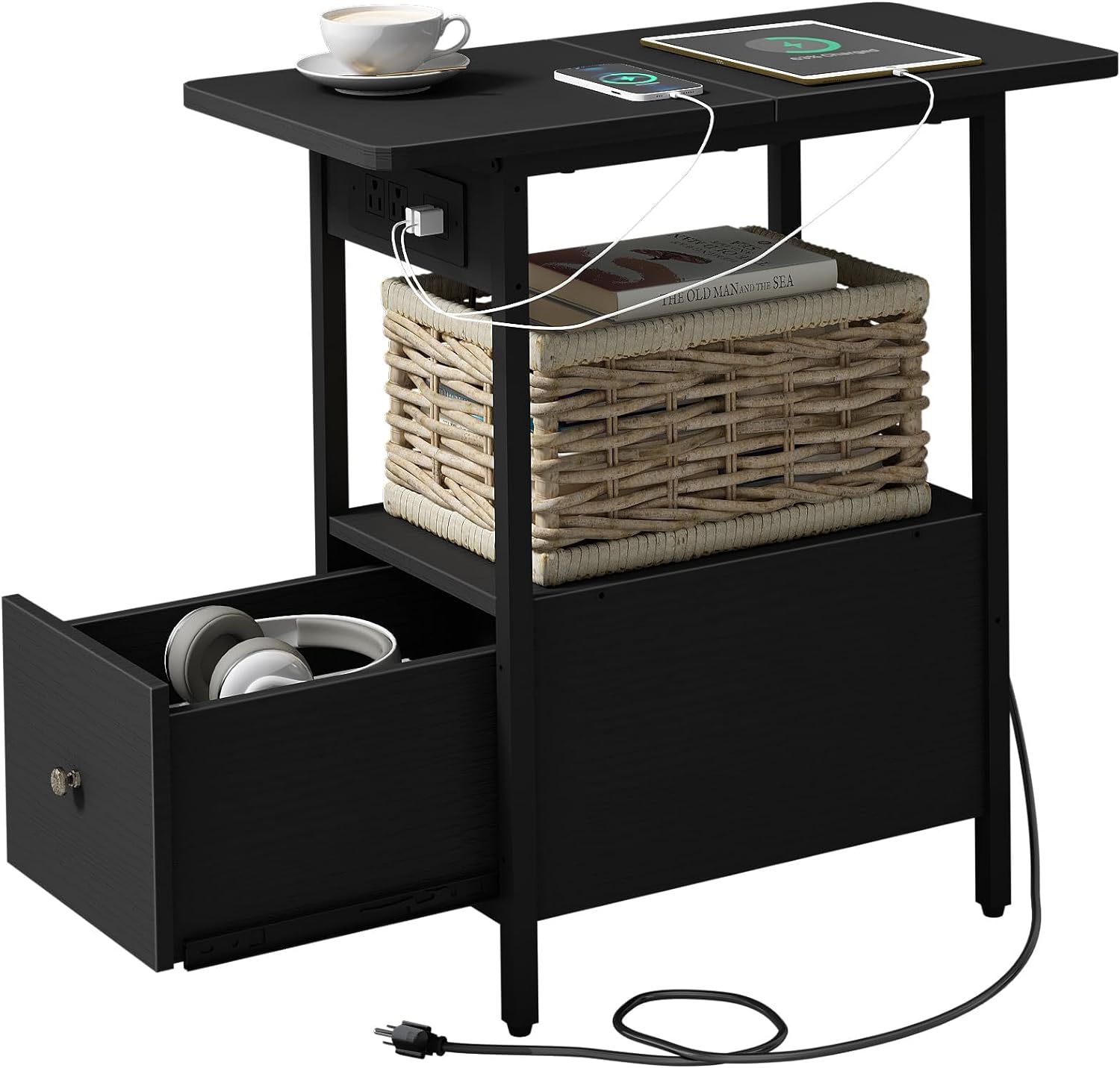 LIDYUK End Table with Charging Station, Narrow Side Table with Drawer and USB Po...