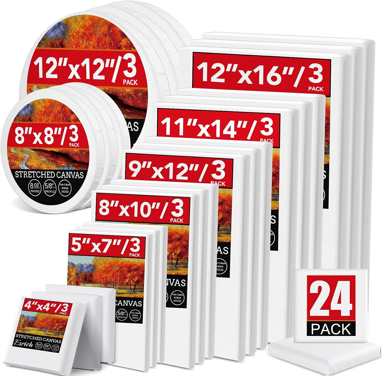 24 Pack Canvases for Painting with 4"x4", 5"x7", 8"x10", 9"x12", 11"x14", 12"x16...