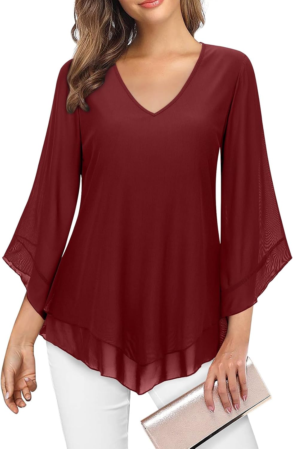 Gemulate Womens Blouse Ruffle 3/4 Sleeve Blouses for Women V Neck Chiffon Tunic...