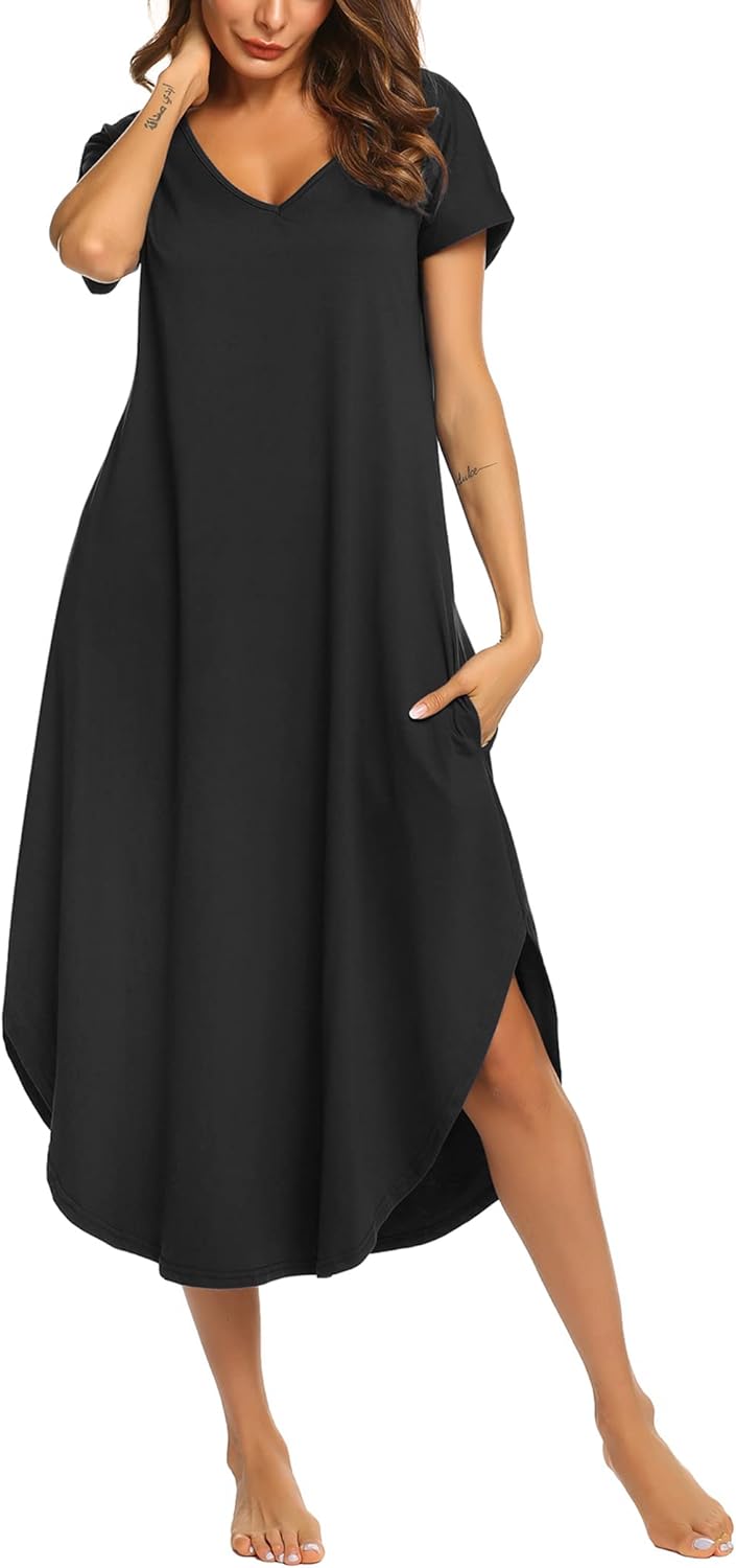 Ekouaer Nightgowns, Special Women V Neck Nightshirts, Soft Sleepwear with Side S...
