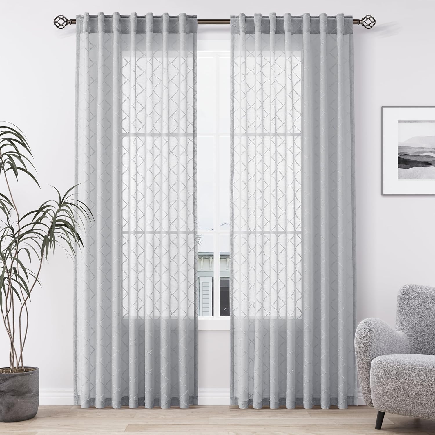 Hokibero Light Grey Textured Curtains, Special Semi Sheer Curtains 90 Inches Lon...