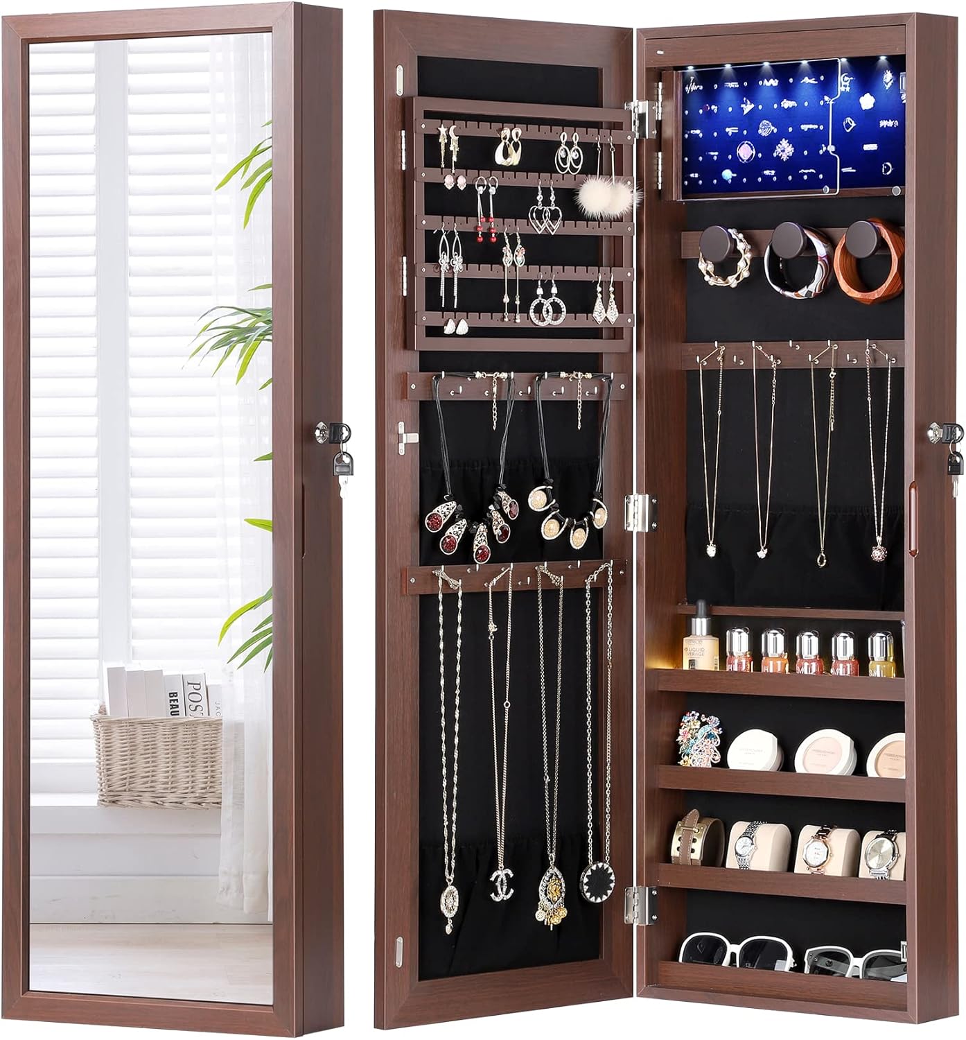 Nicetree 6 LEDs Jewelry Mirror Cabinet, 4.2" D Full Length Mirror with Storage,...