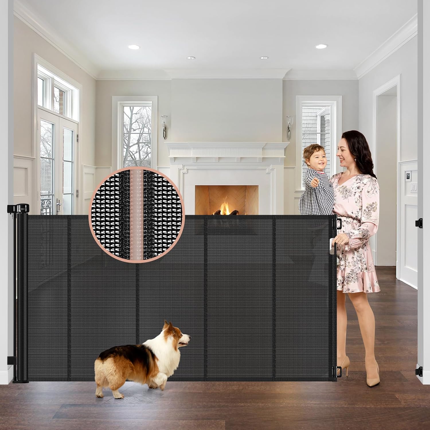Reinforced Retractable Baby Gate, Special 42" Extra Tall x 75" Wide Gate with Su...