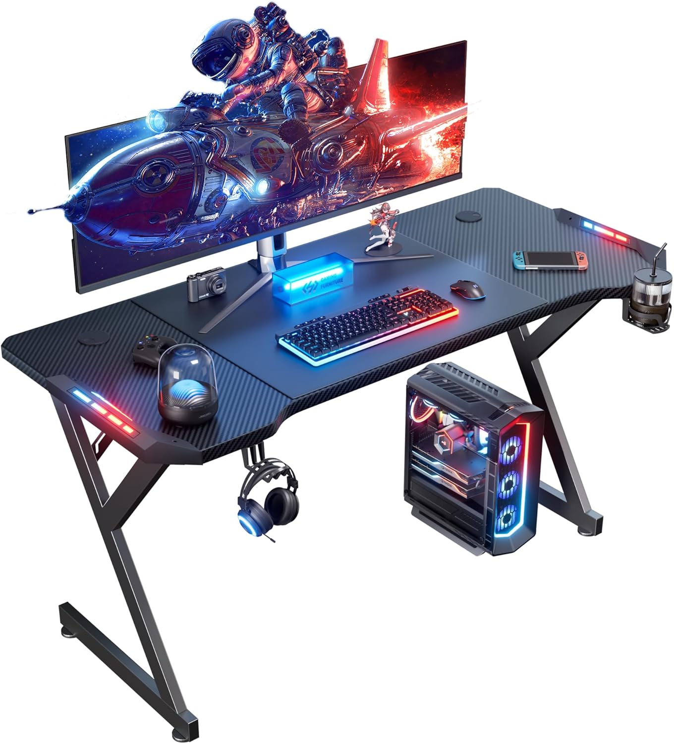 HLDIRECT 47 Inch Gaming Desk with LED Lights, Ergonomic Computer Table with Carb...