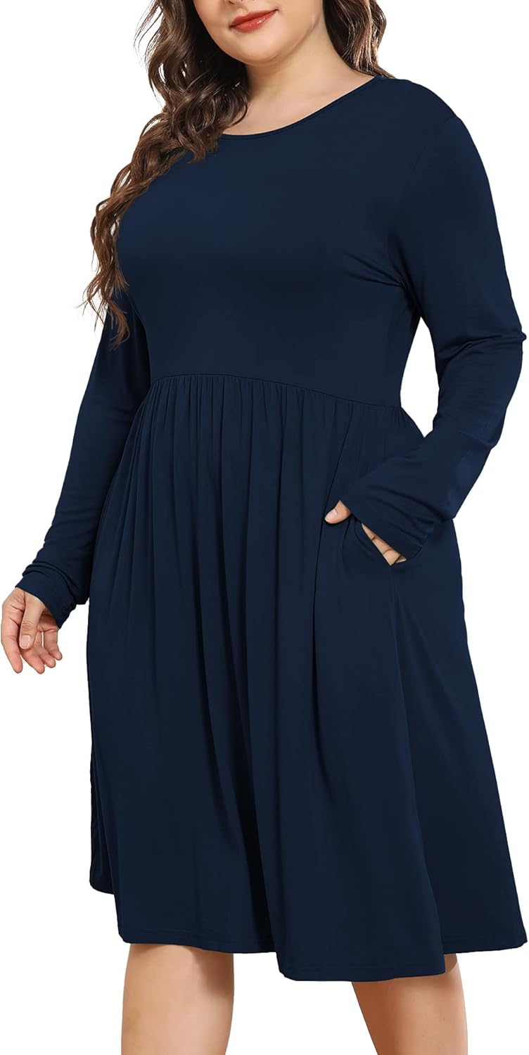 POSESHE Women's Plus Size Dresses, Special 2024 Long Sleeves Crew Neck Casual Dr...