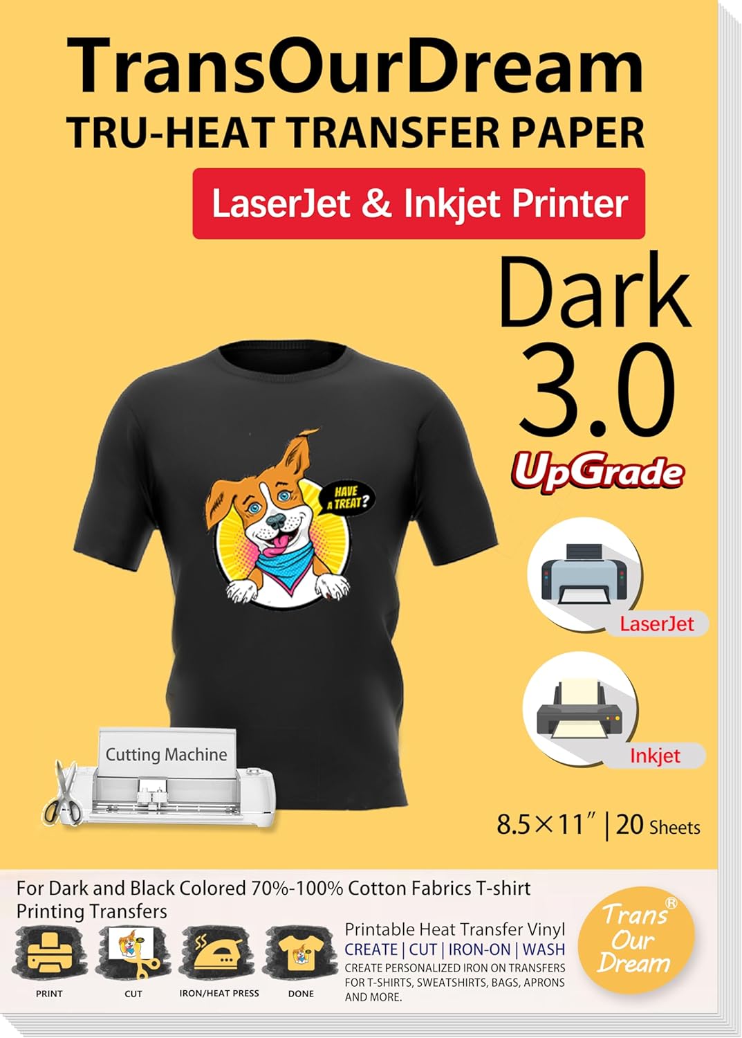 TransOurDream Tru-Heat Transfer Paper for Inkjet & Laserjet Printer (20 Sheets,...