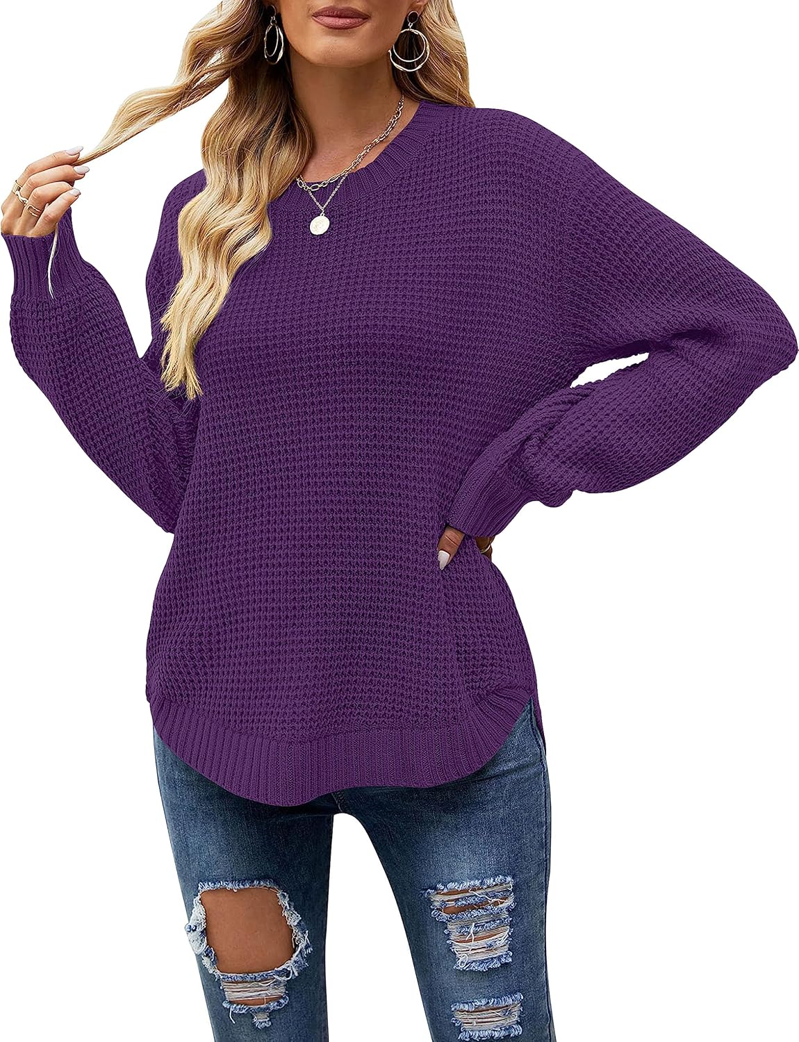 MEROKEETY Women's 2024 Fall Casual Fall Waffle Knit Sweater Long Balloon Sleeve...