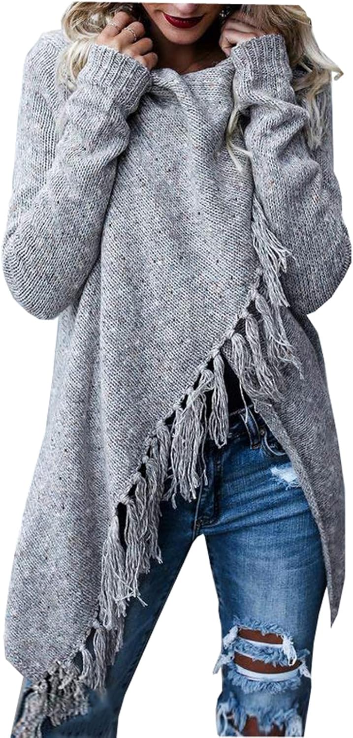 Women's Open Front Knitted Tassels Slash Loose Cardigan, Special Crew Neck Speck...