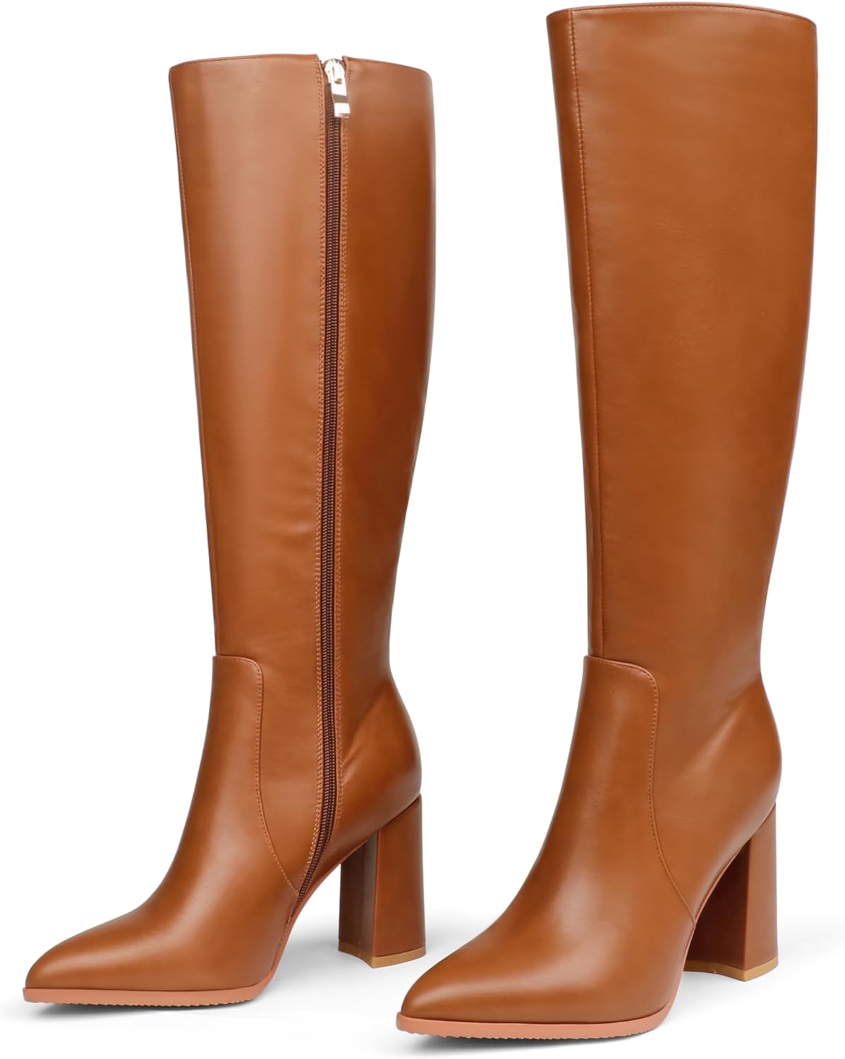 COLETER Women's Knee High Boots Pointed Toe Chunky Gogo Boots Zipper Block Heele...