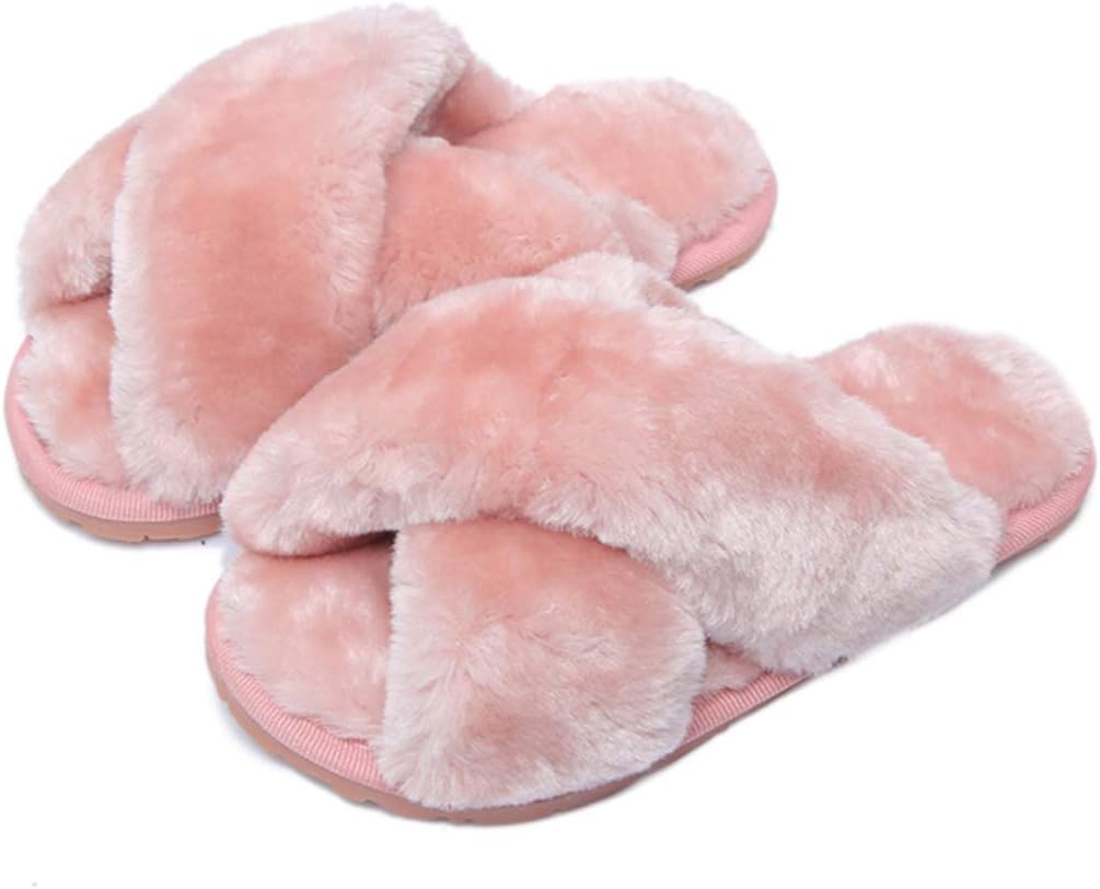 Womens & Girls Slippers Ladies Fluffy Plush House Slippers Cozy Open Toe Faux Fu...