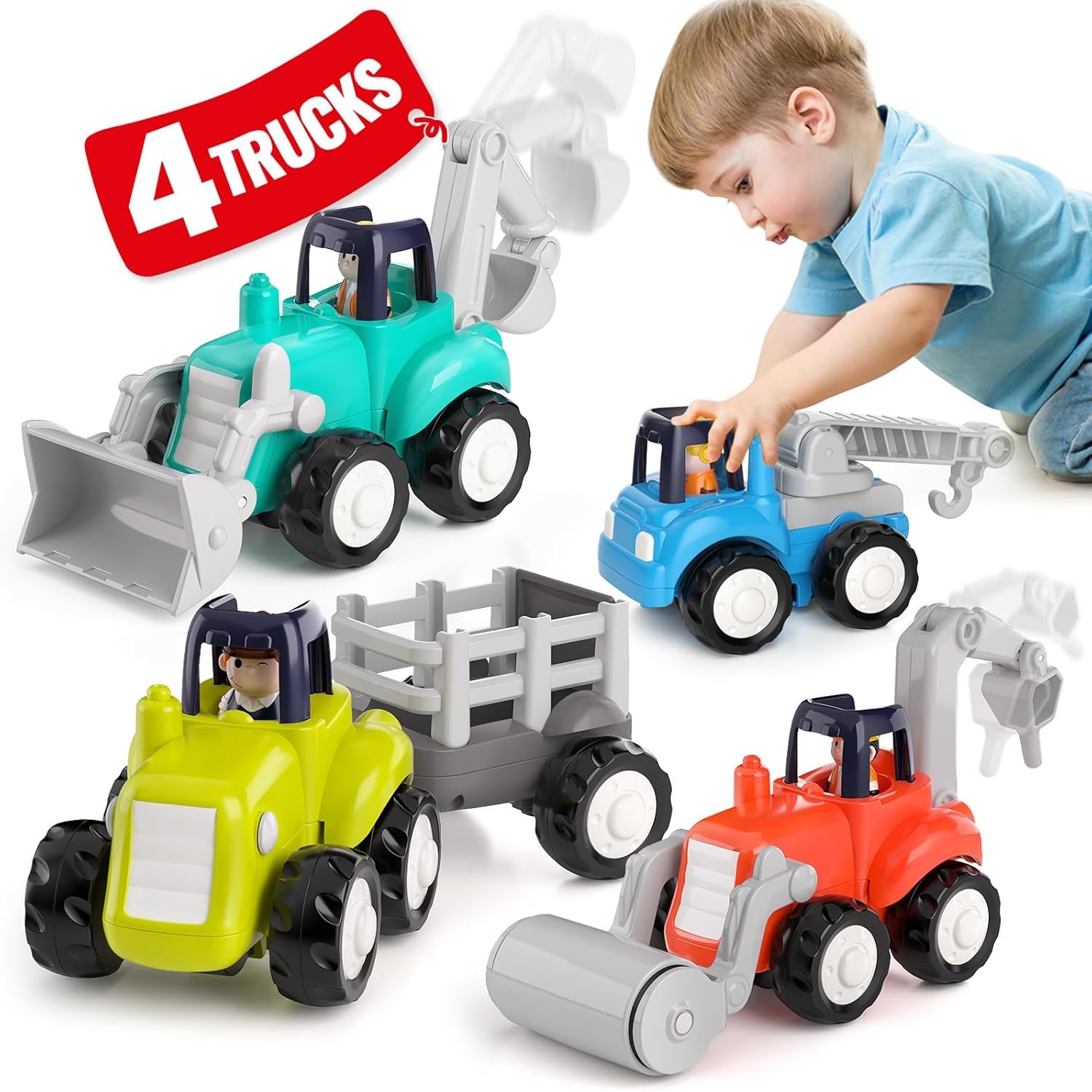 SunnyPal Toys for 1 Year Old Boys Birthday Gift - 4 Pack Truck Toys for 2 Year O...