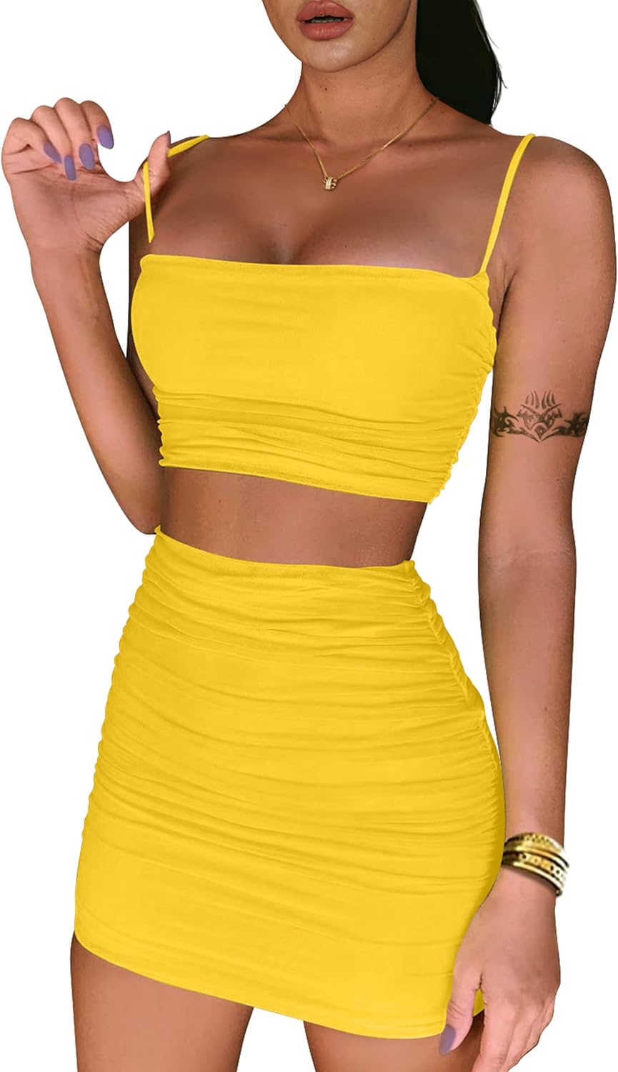 BEAGIMEG Women's Ruched Cami Crop Top Bodycon Skirt 2 Piece Outfits Dress Small...