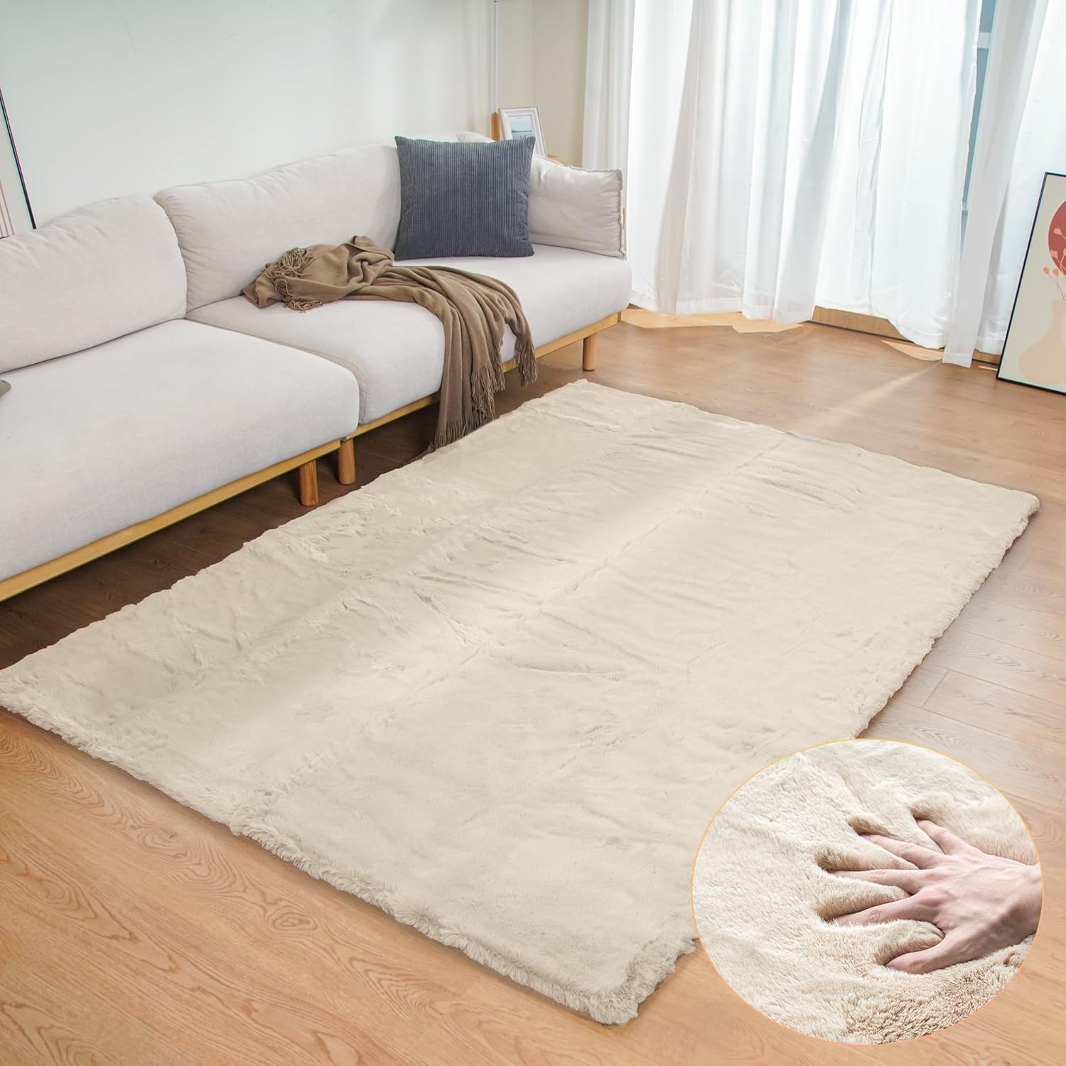 Beige Plush Faux Washable Rabbit Fur Rug, Unique Shag Carpet for Living Room, Pr...