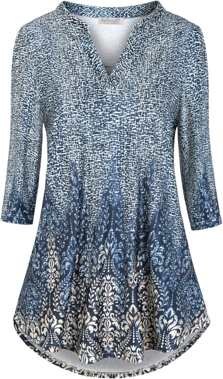 BAISHENGGT Womens Blouses, Special 3/4 Sleeve Floral Printed Notch V Neck Tunics...