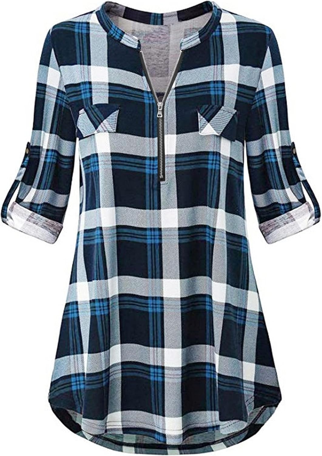 Odosalii Women's Plaid Tunic Blouse with Zip Up V Neck and Floral Print, Long/Sh...