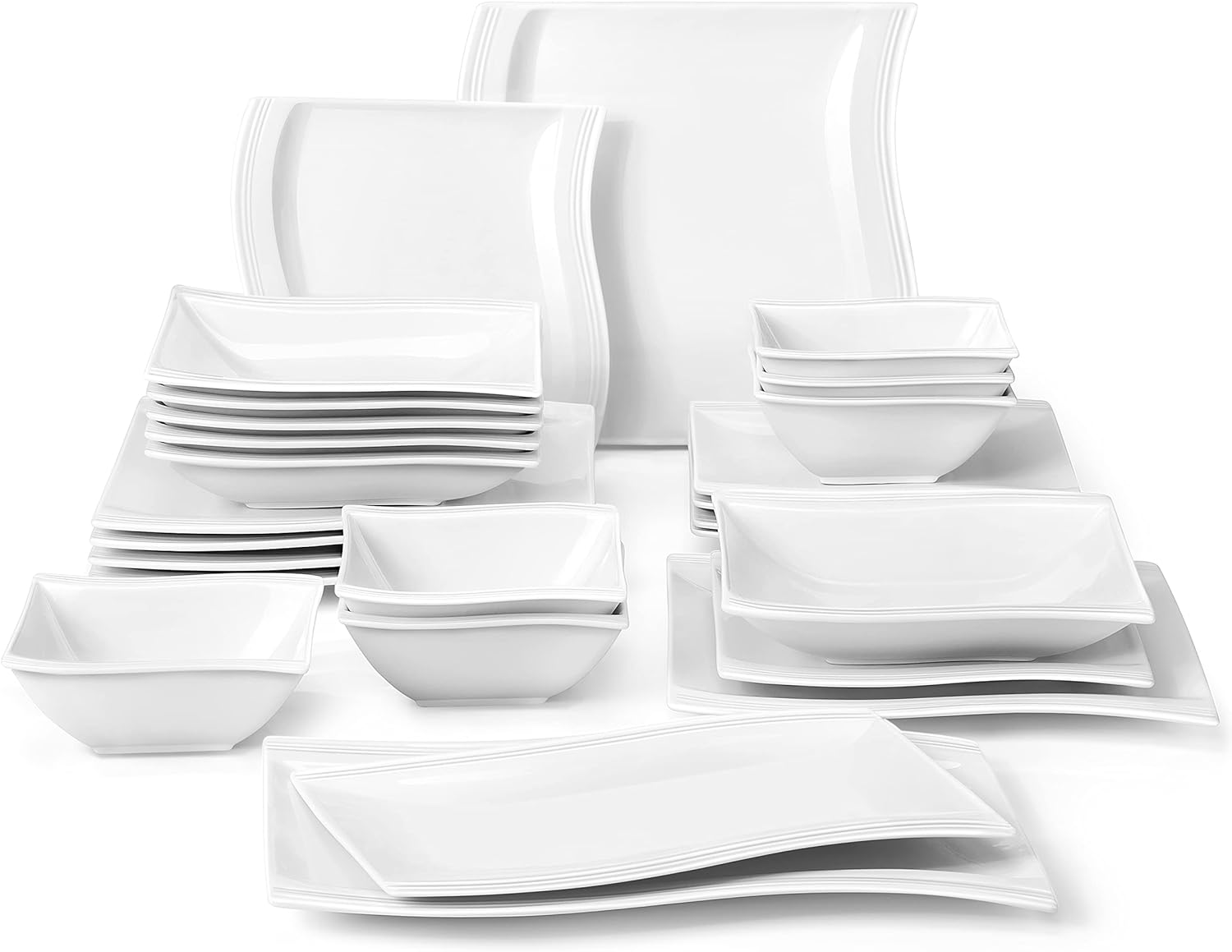 MALACASA Plates and Bowls Sets, 26 Pieces Ivory White Square Dinnerware Sets wit...