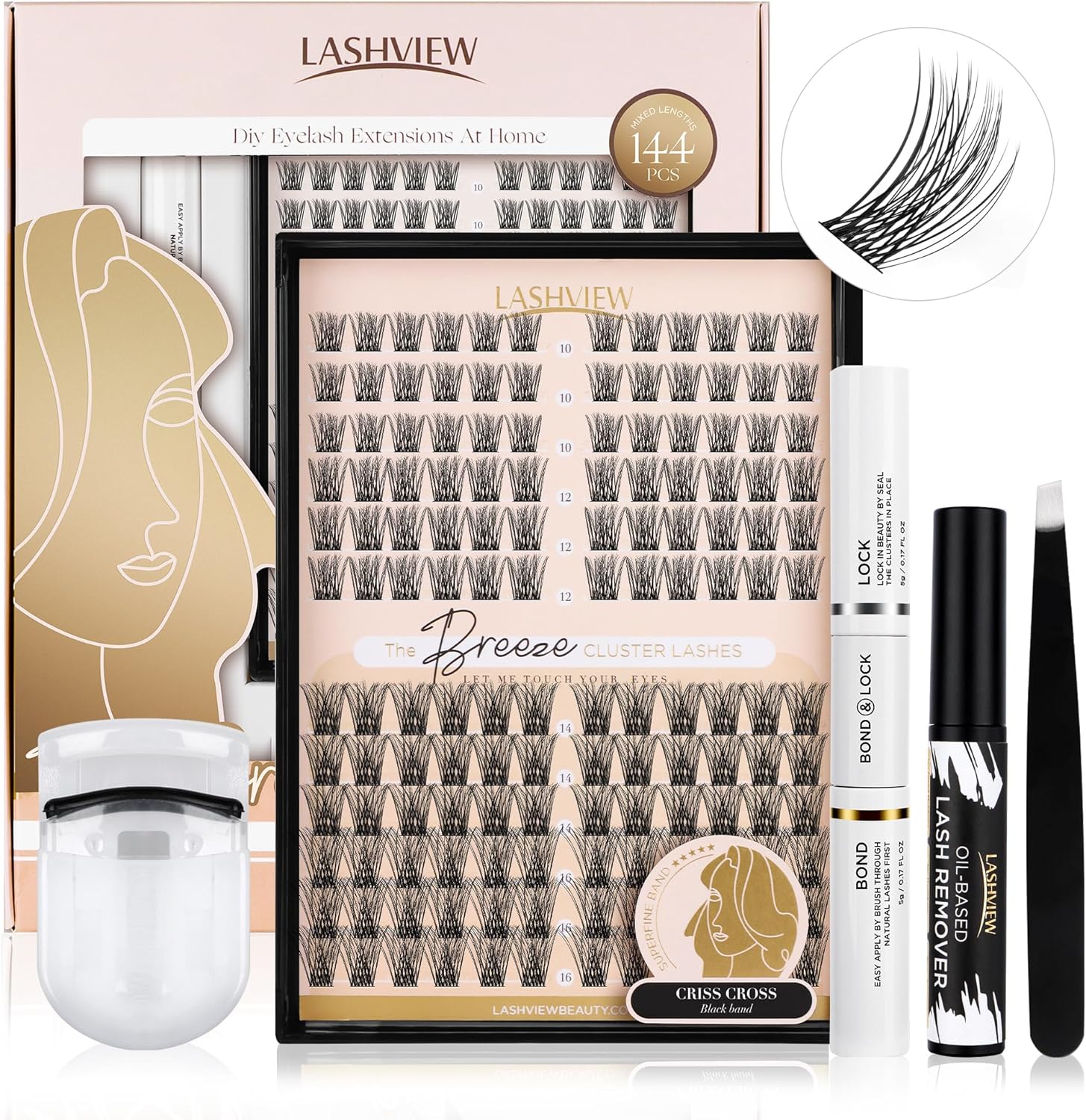 LASHVIEW DIY Eyelash Extensions Kit,144 Pcs Lash Clusters, Eyelash Clusters Gold...