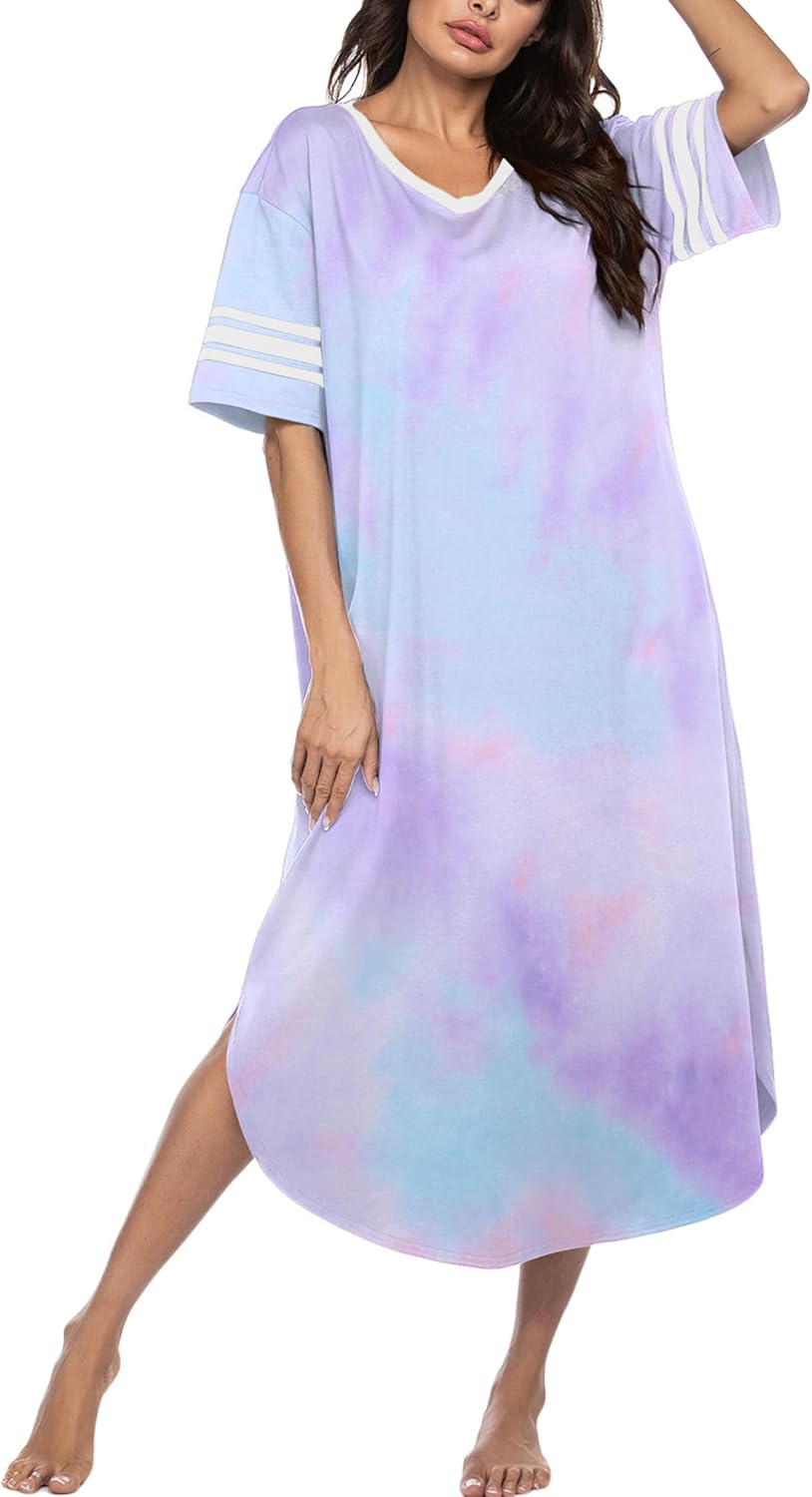 Ekouaer Long Nightgown, Special Womens V Neck Loungewear, Unique Oversized Sleep...