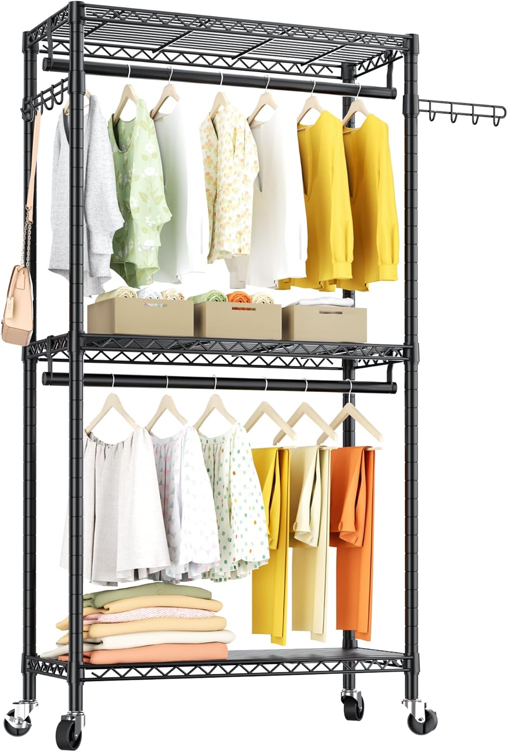 Heavy Duty Clothes Rack Rolling Garment Rack,3 Tier Adjustable Wire Shelving Clo...