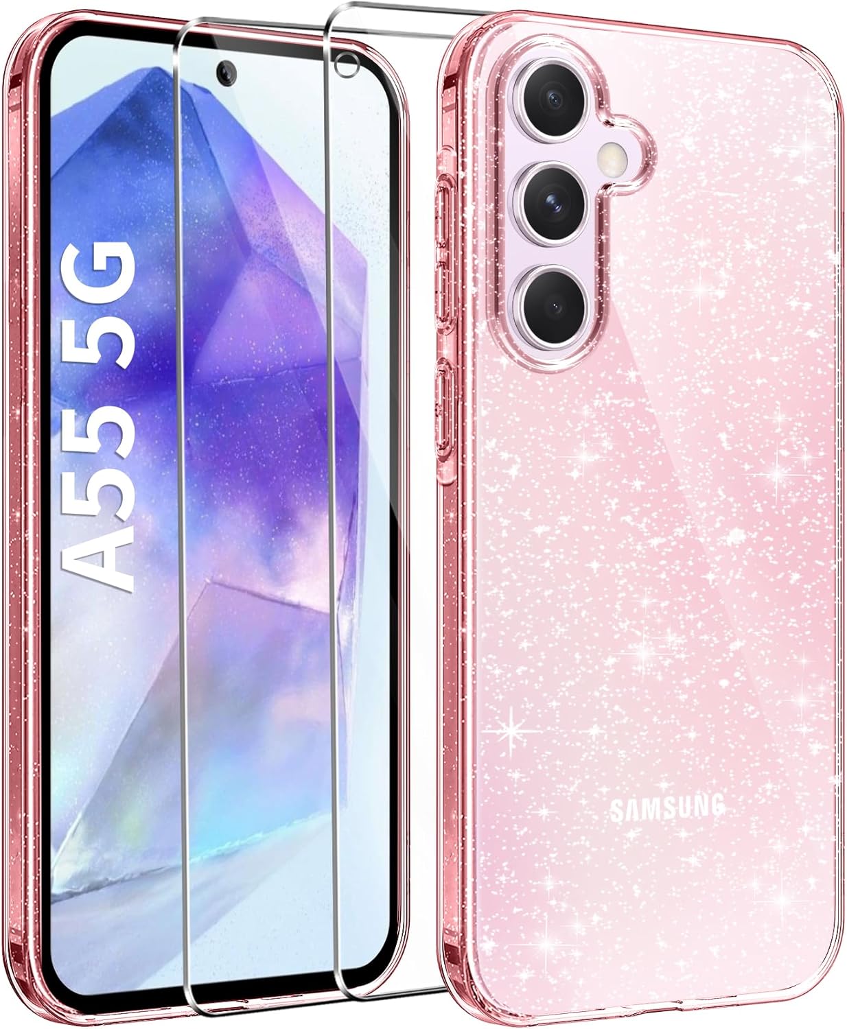 AROYI Clear Glitter Case for Samsung Galaxy A55 5G Case with 2 Tempered Glass Sc...