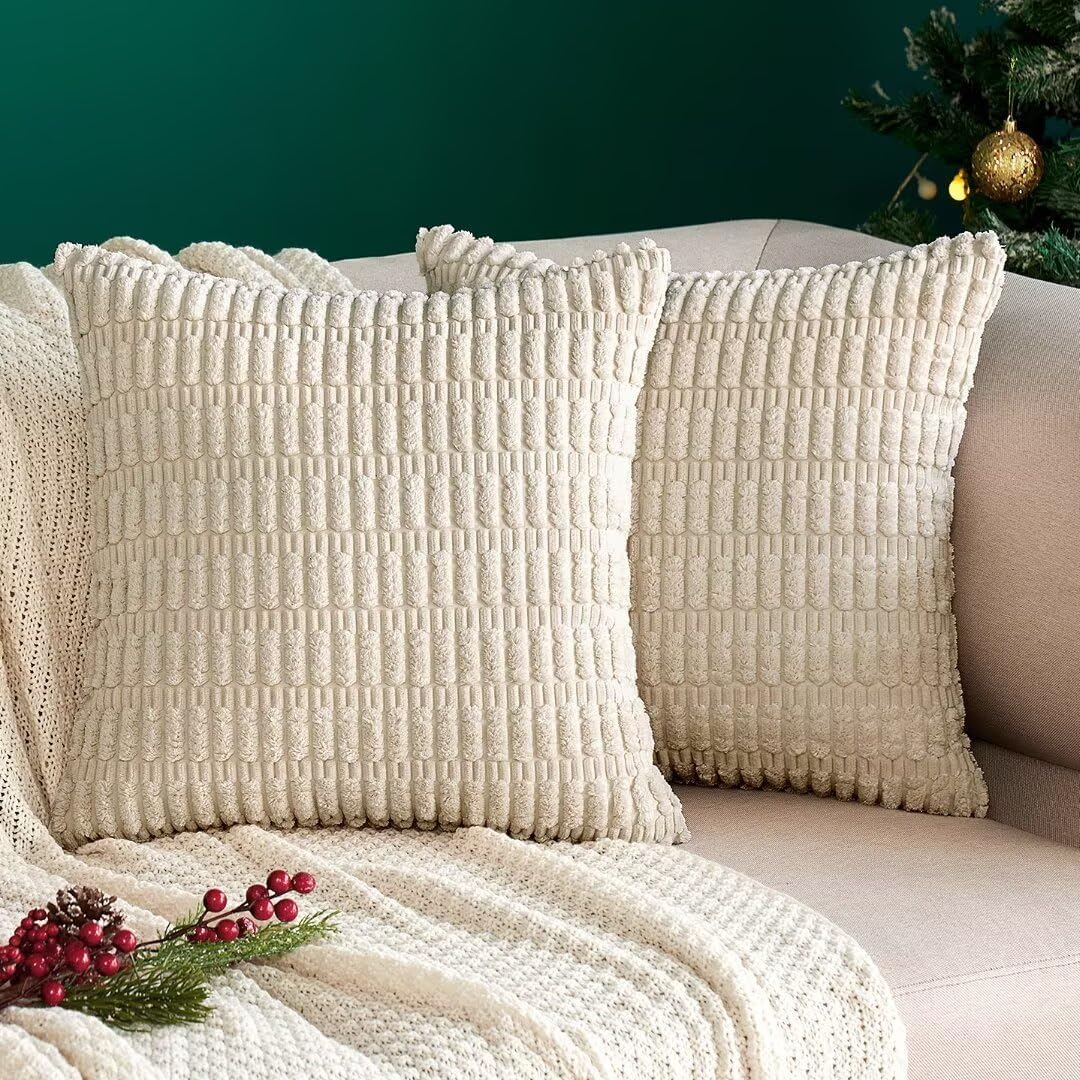MIULEE Pack of 2 Corduroy Cream White Square Cushion Cover 40x40 cm 16x16 inch B...