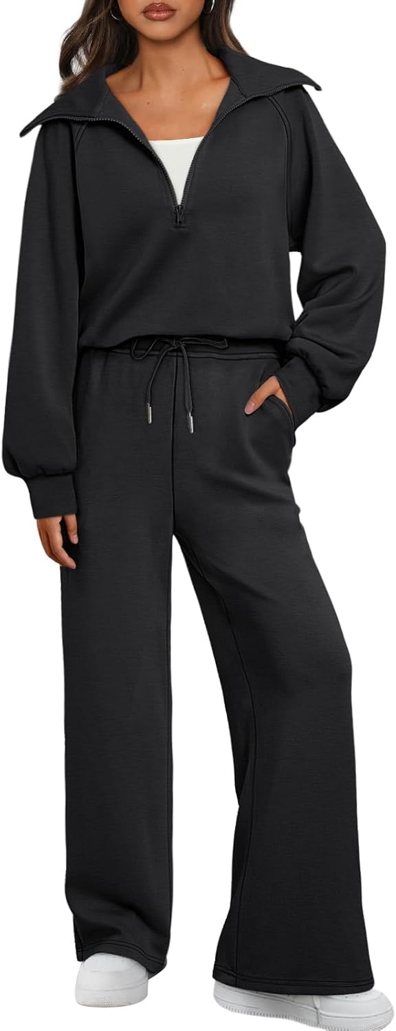 AUTOMET Womens 2 Piece Sweatsuits Loungewear Sets Quarter Zip Pullover Sweatshir...