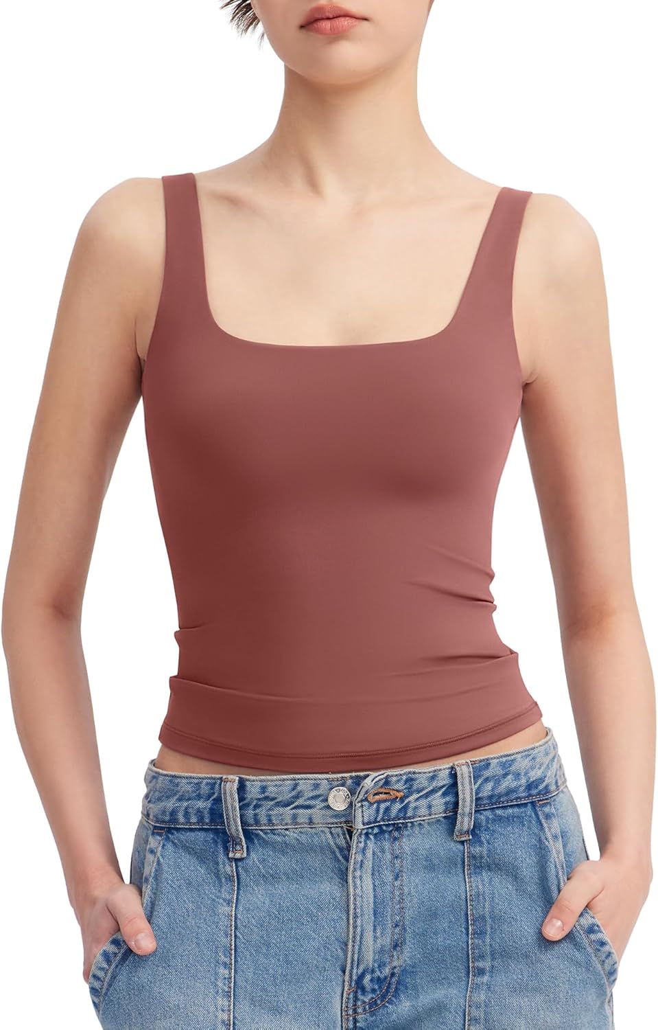PUMIEY Women's Tank Top, Special Square Neck Sleeveless Double Lined Tops, Affor...