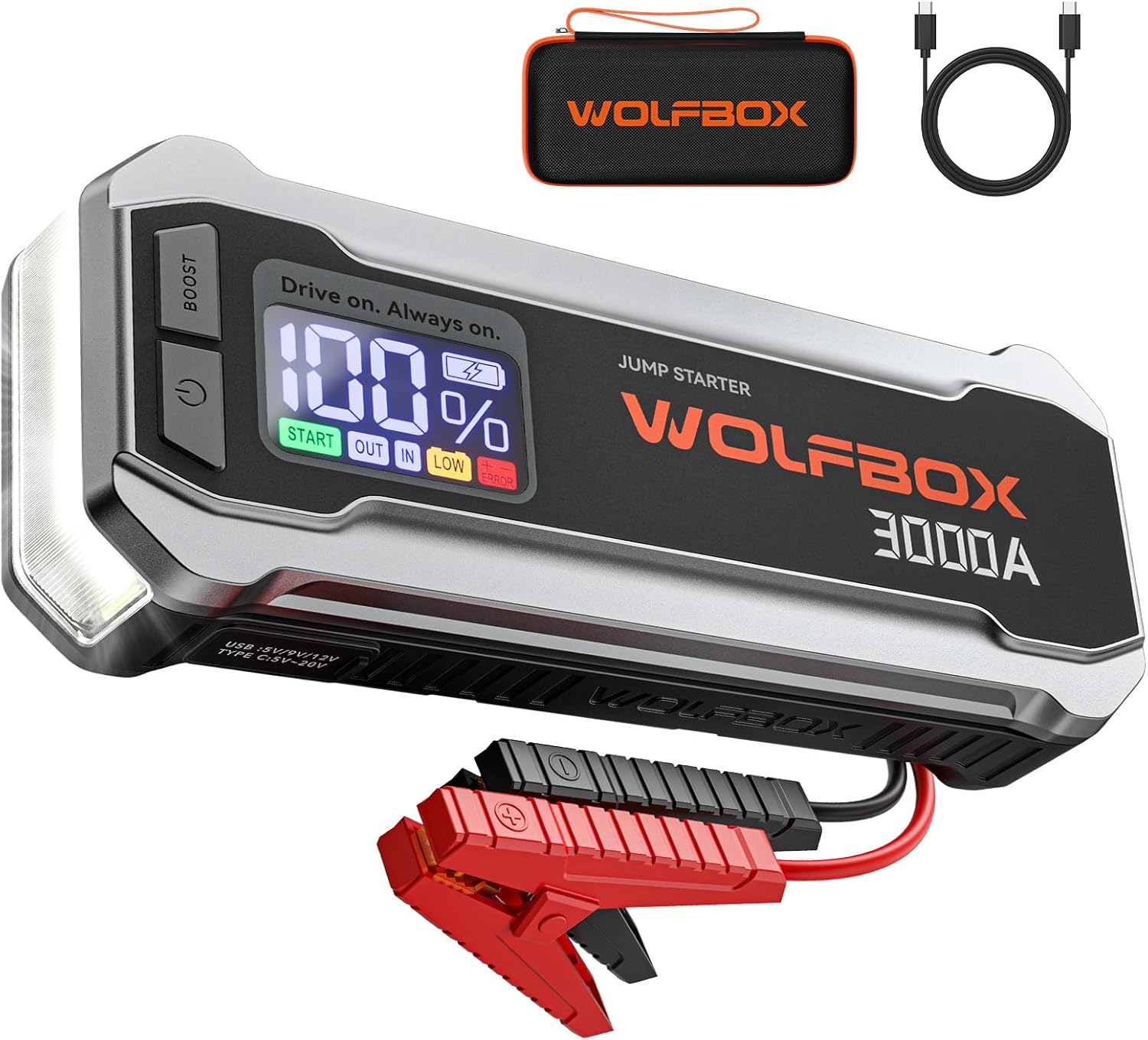 WOLFBOX 3000A Jump Starter,12V Car Battery Jump Starter with LED Displays,65 Wat...