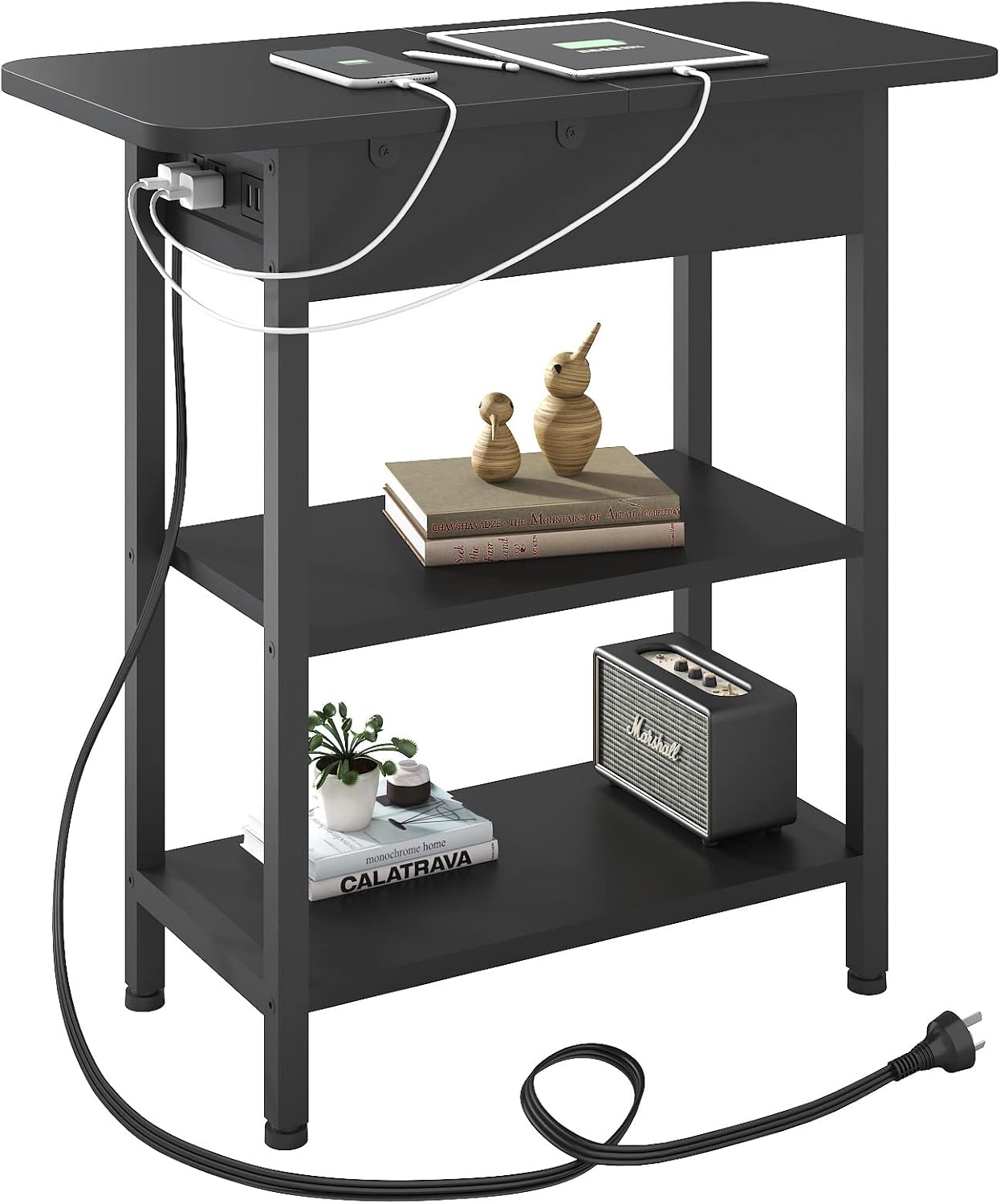 LIDYUK End Table with Charging Station, Flip Top Side Table with USB Ports and O...