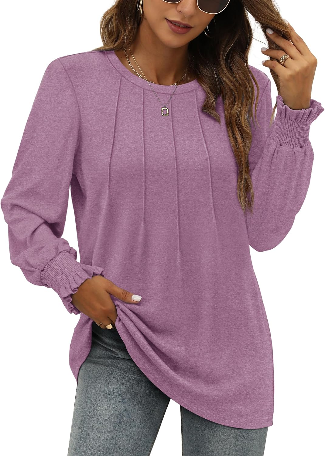 OFEEFAN Women's Tunic Tops, Unique Ruffle Sleeve Shirts, Elegant Pleated Front B...
