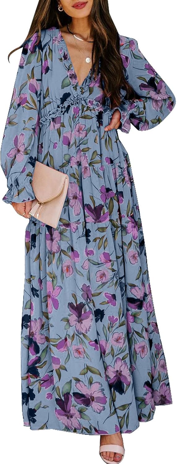BLENCOT Womens Casual Dress, Special Floral Deep V Neck Dress for Long Sleeve, U...