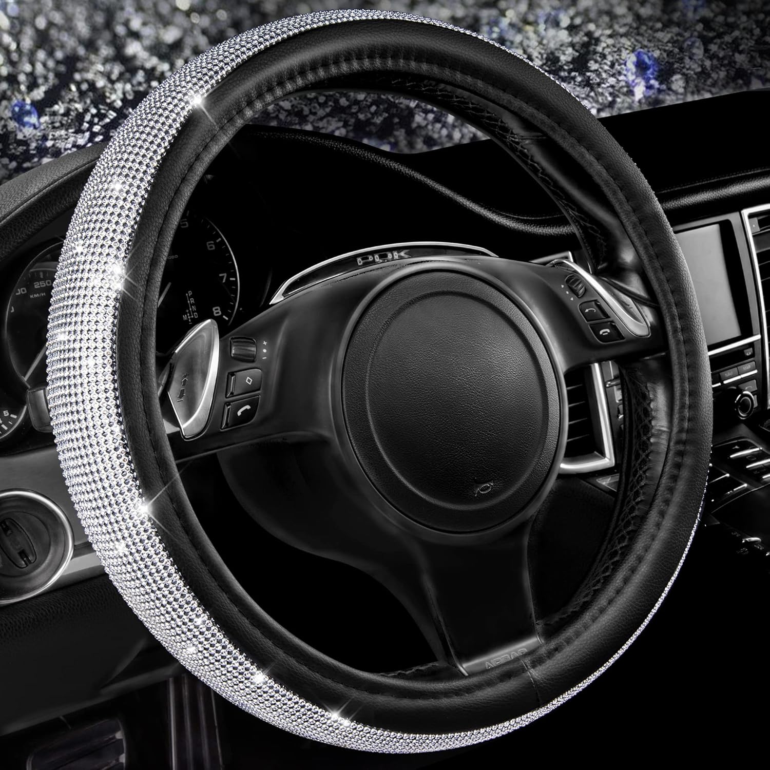 CAR PASS Bling Diamond Leather Steering Wheel Cove...