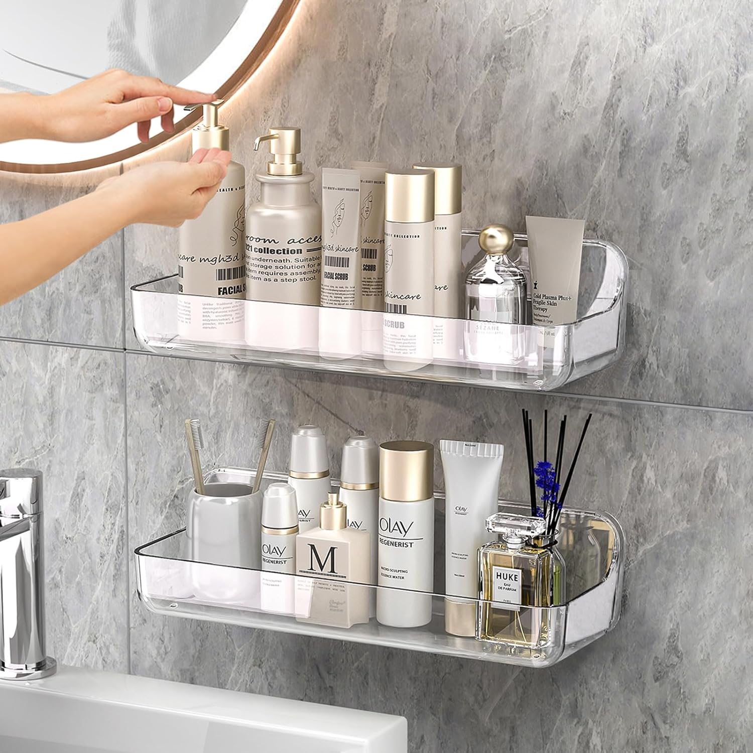 CGBE 2-Pack Acrylic Shower Shelves, No Drilling Adhesive Shower Shelf, Large Cap...