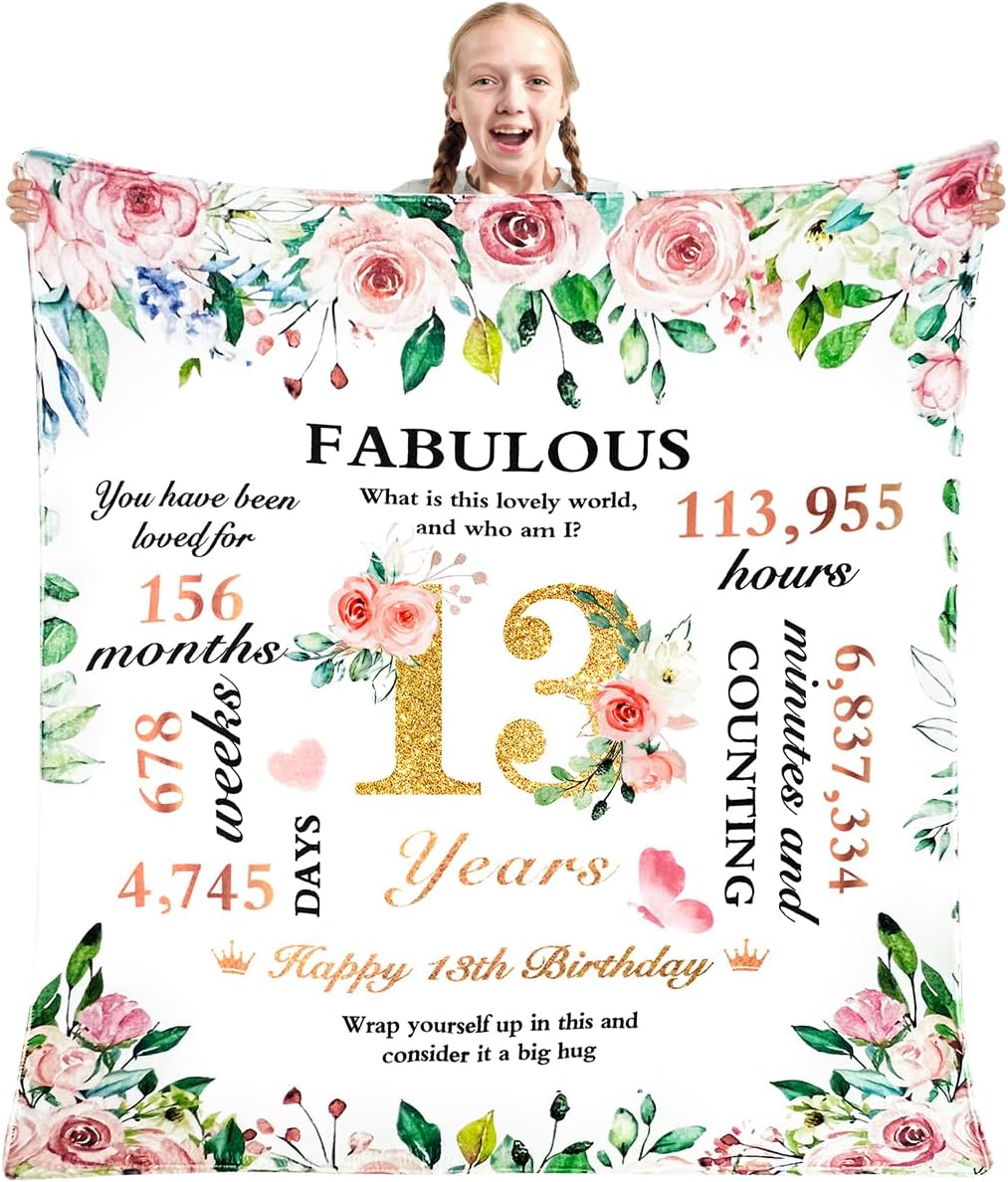VICTERR 13th Birthday Gifts for Girls, Throw Blanket for 13th Birthday, 13th Bir...
