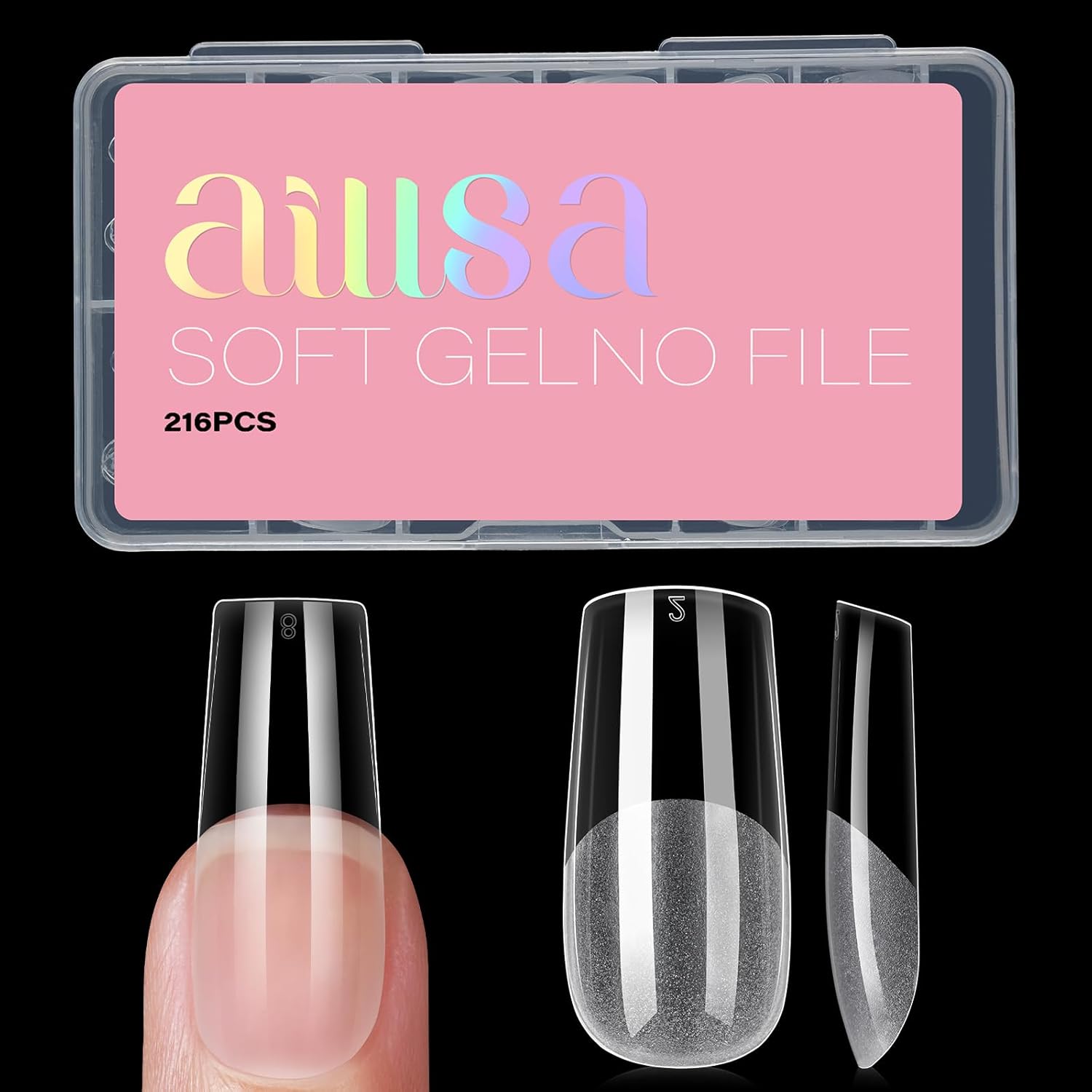 AILLSA Medium Square Nail Tips Soft Gel Full Cover Half Matte Nail Tips Clear Ge...