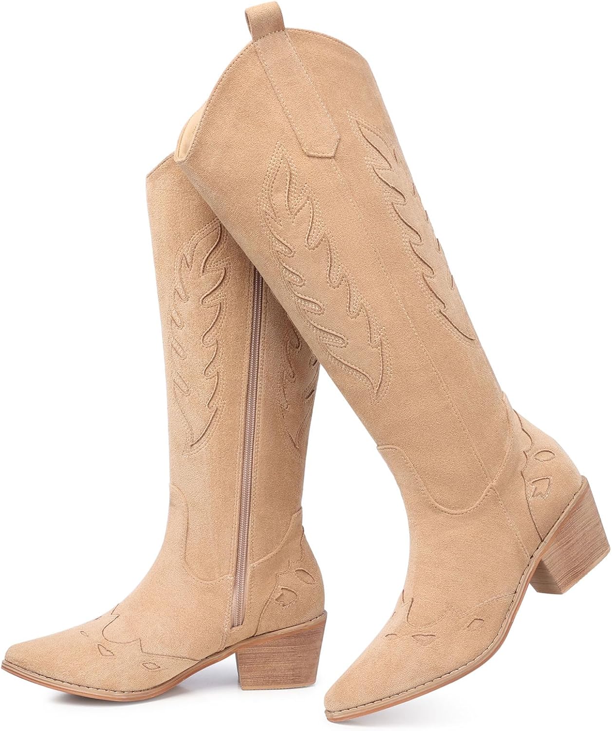 SHIBEVER Cowboy Boots for Women Knee High Suede Pointed Toe Cowgirl Boots Embroi...