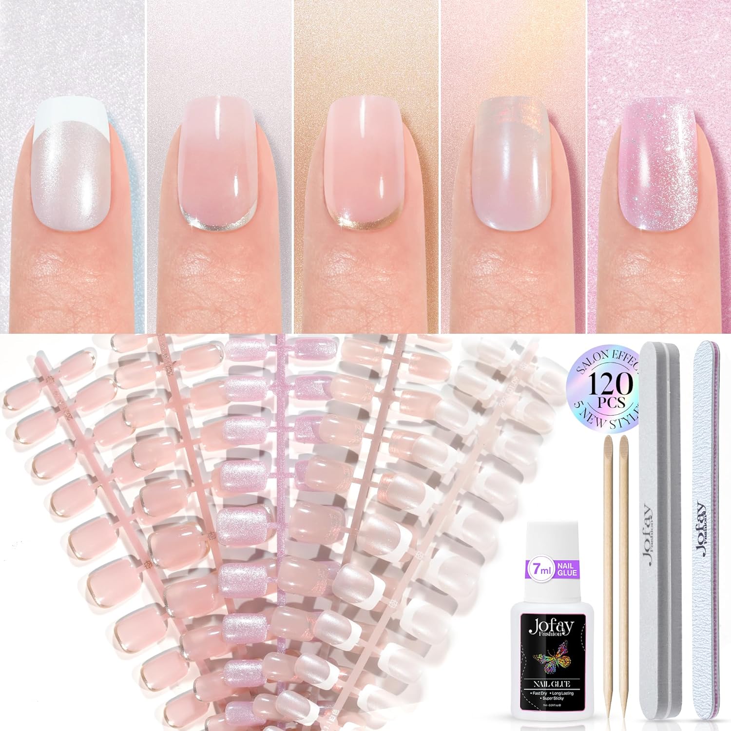 Chrome French Tip Press on Nails Short 5 Styles, Jofay Fashion 120Pcs Salon-Like...