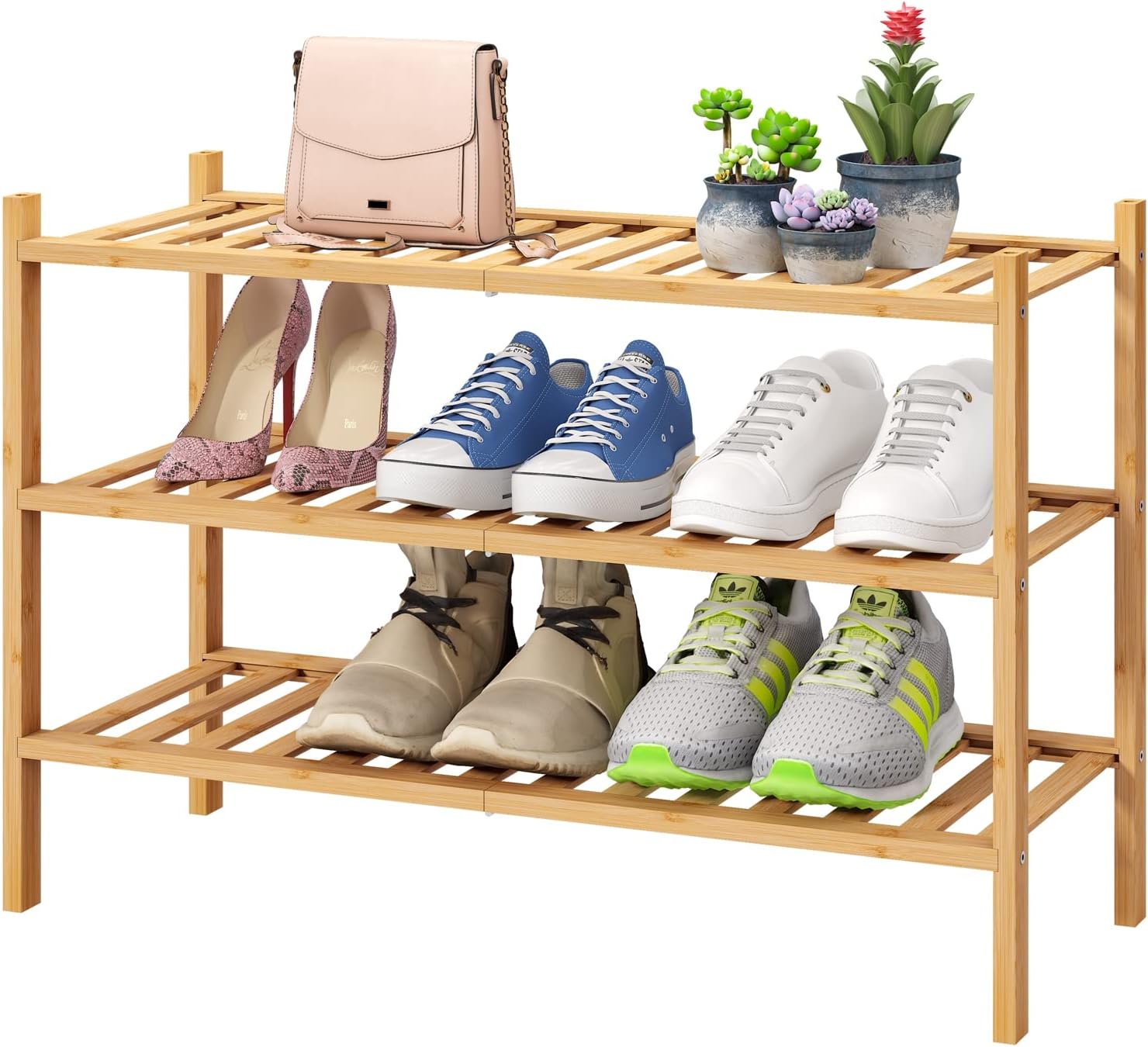 3-Tier Free Standing Shoe Racks, Bamboo Wood Shoe Rack for Entryway & Closet, Be...