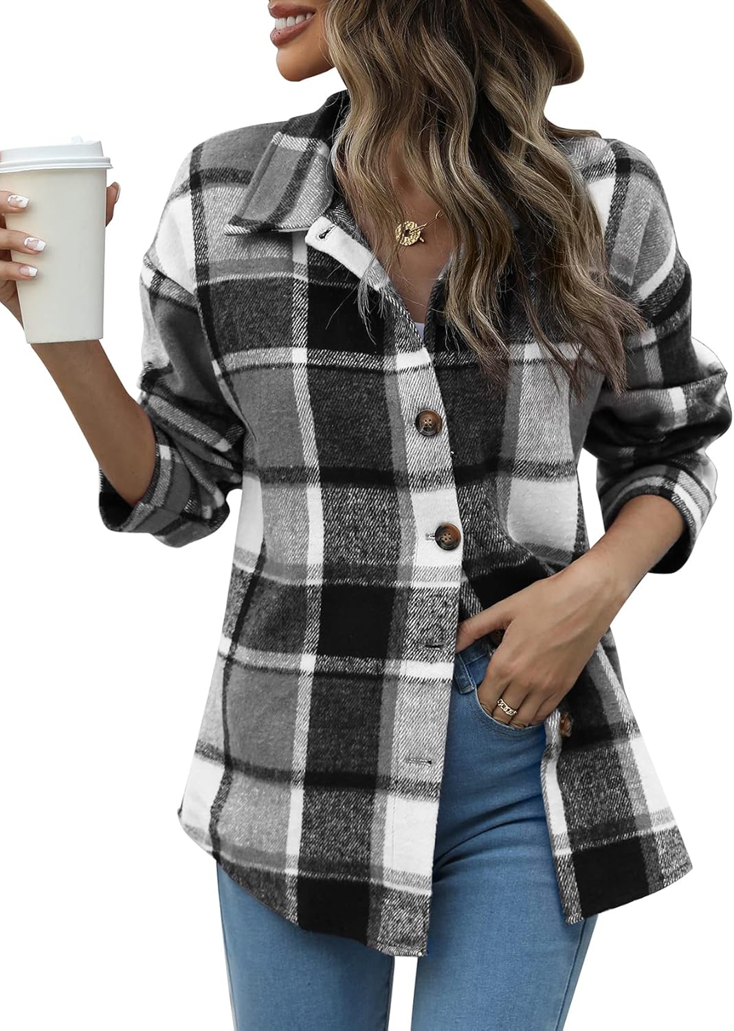 Beaully Women's Flannel Plaid Shacket, High-Quality Long Sleeve Button Down Shir...
