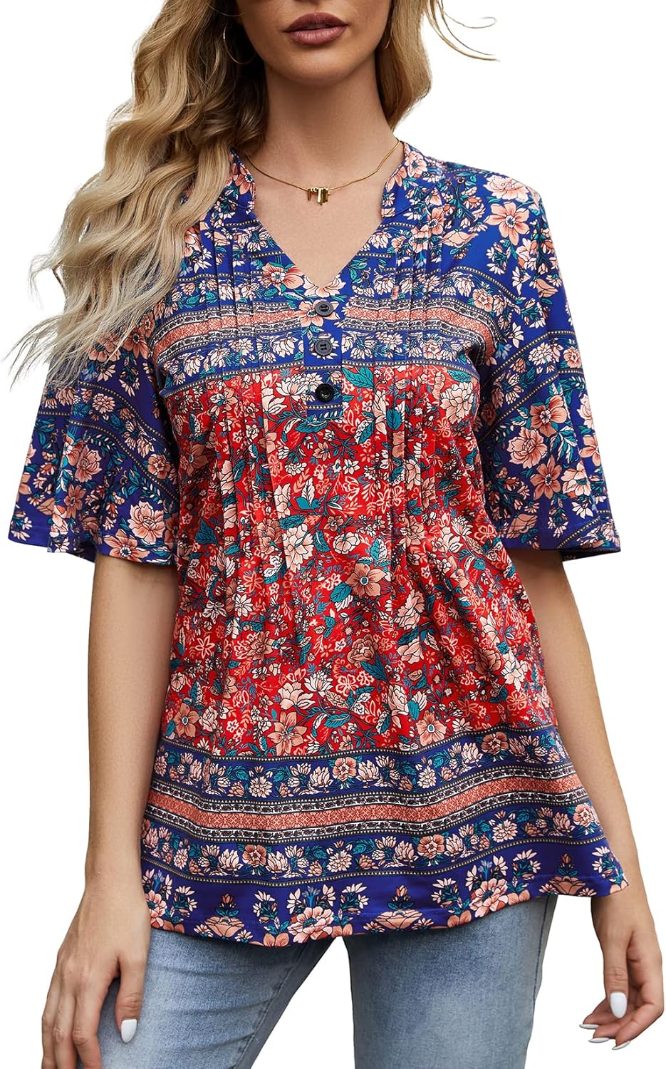 HOCOSIT Women's Floral Print Short Ruffle Sleeve Pleated Front V Neck Button Tun...