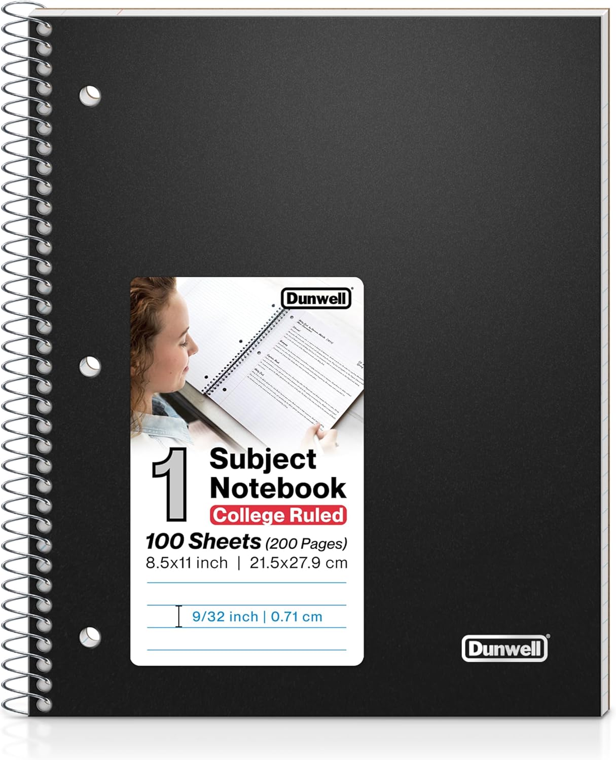 Dunwell College Ruled Spiral Notebook, (Black) 1 Subject Notebook 8.5 x 11 With...