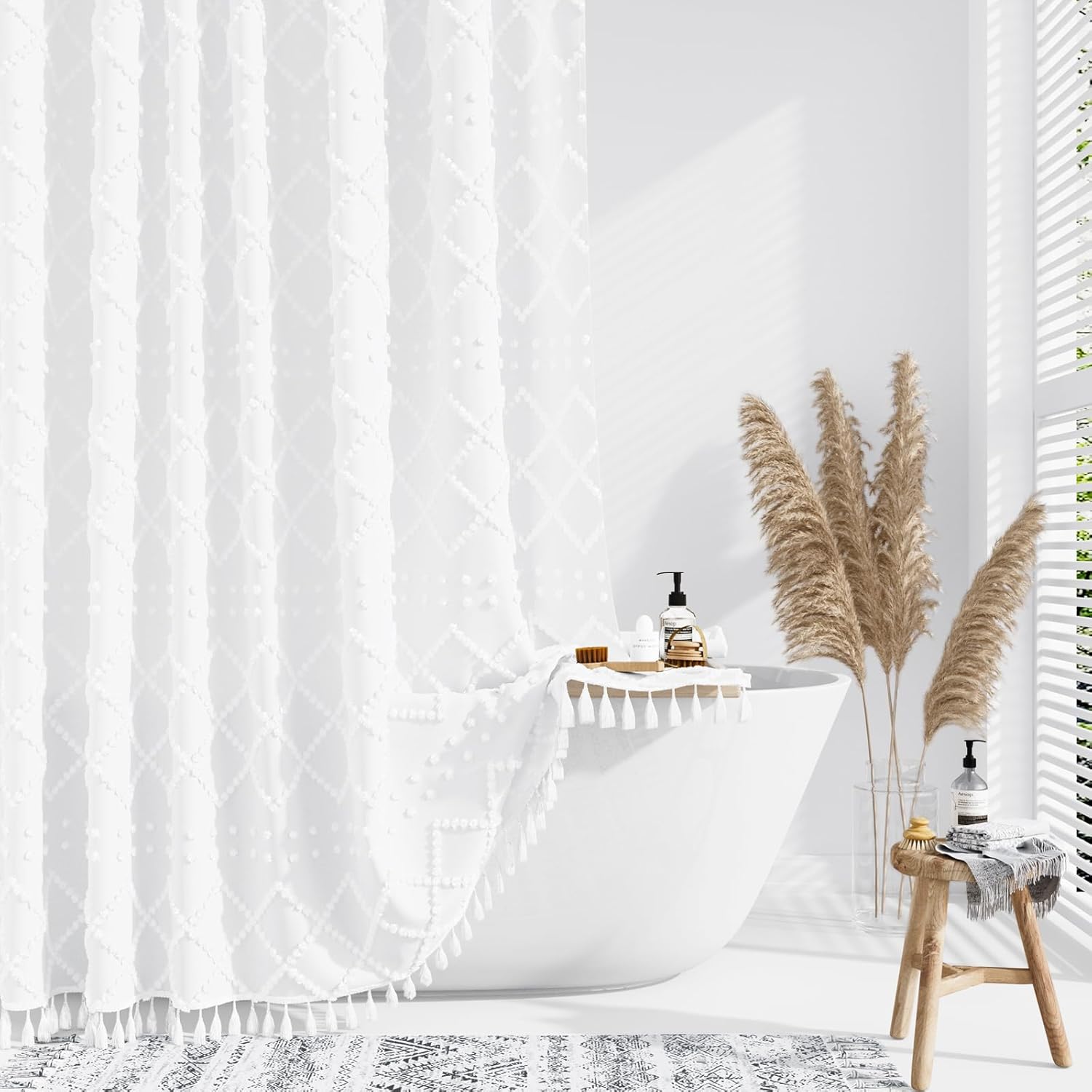 Dynamene White Fabric Shower Curtain, Unique Boho Tufted Geometric Striped Tasse...