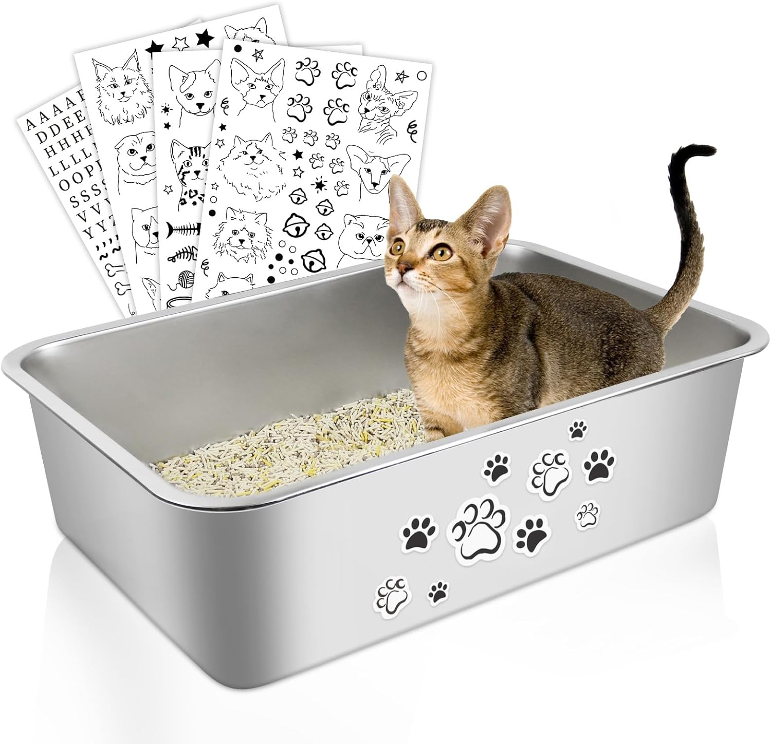 Stainless Steel Cat Litter Box DIY Pattern High Side Cats Toilet Metal Kitten Li...