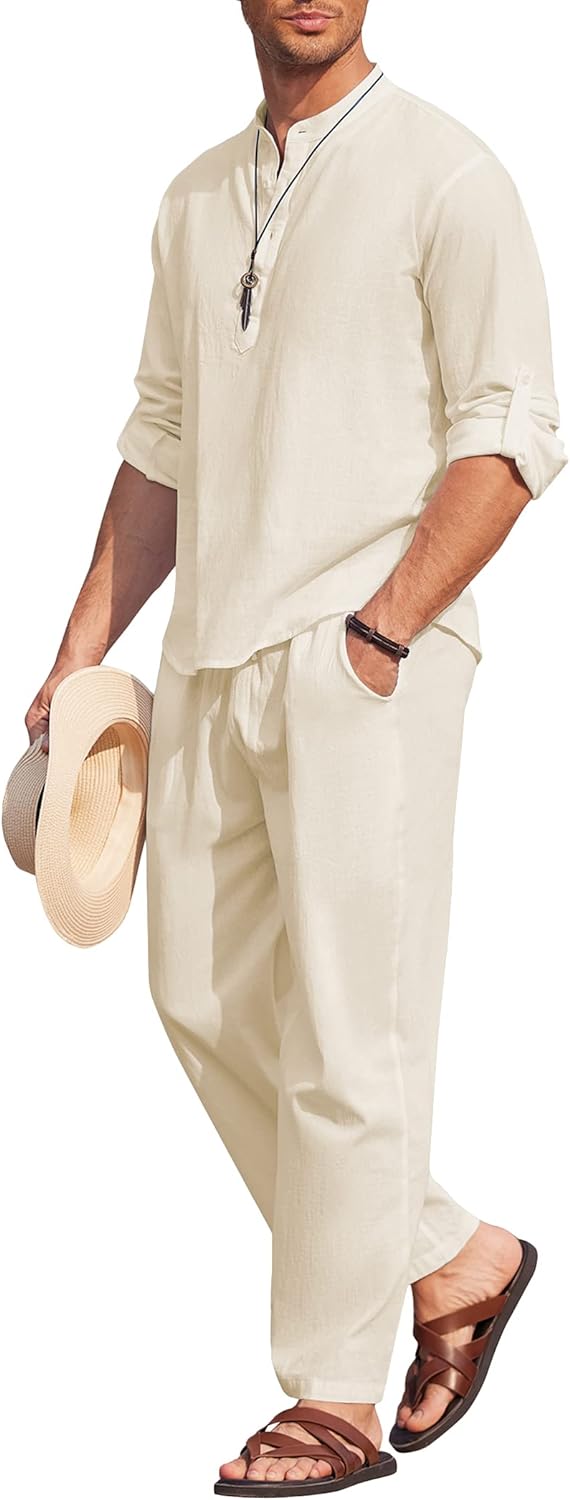 COOFANDY Men's Clothing, Special 2 Pieces Cotton Linen Set, Unique Long Sleeve H...