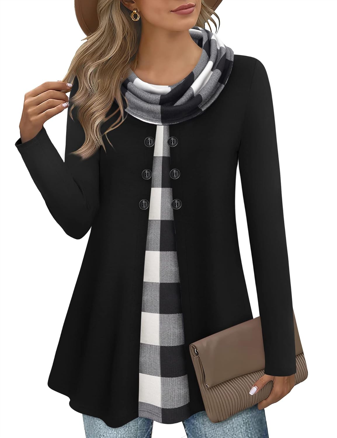 Bebonnie Womens Tunic Tops, Special Long Sleeve Cowl Neck Warm Splicing with But...