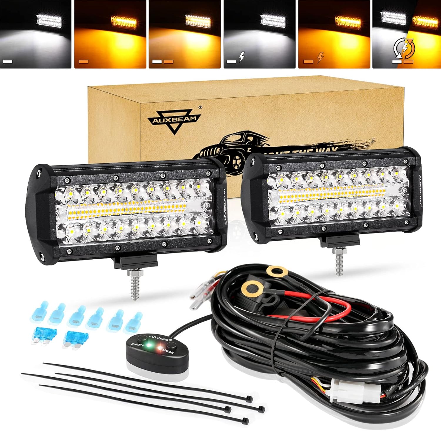 Auxbeam 7 Inch LED Light Bar, Special LED Light with 300W Amber White Light Pod,...