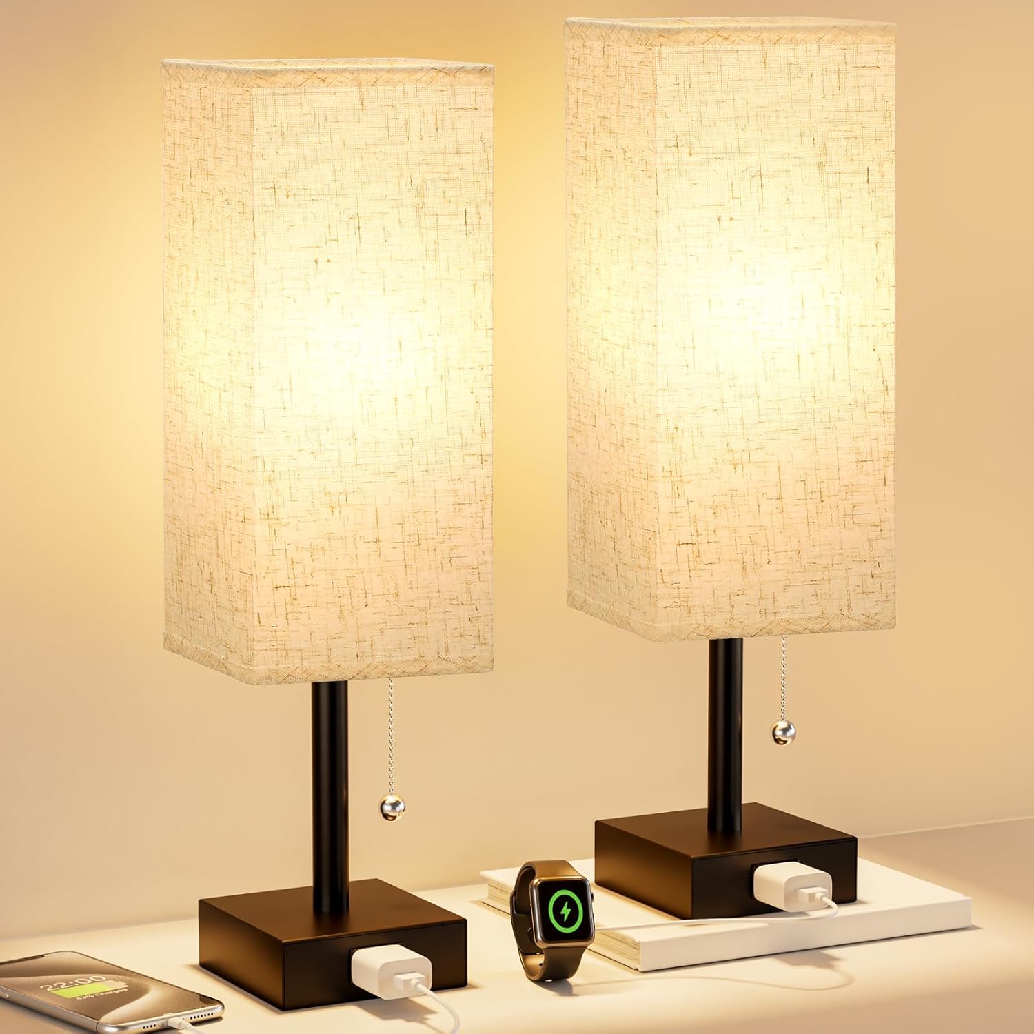 Bedside Table Lamps for Bedroom Set of 2 - Small Rectangular Nightstand Lamp wit...